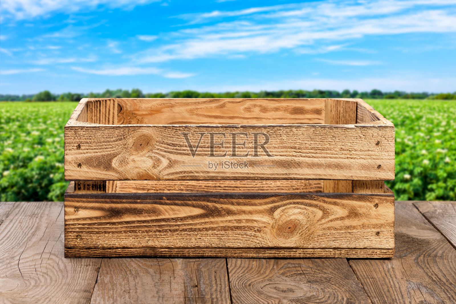 木桌上的空板条箱，背景是绿色的农田照片摄影图片