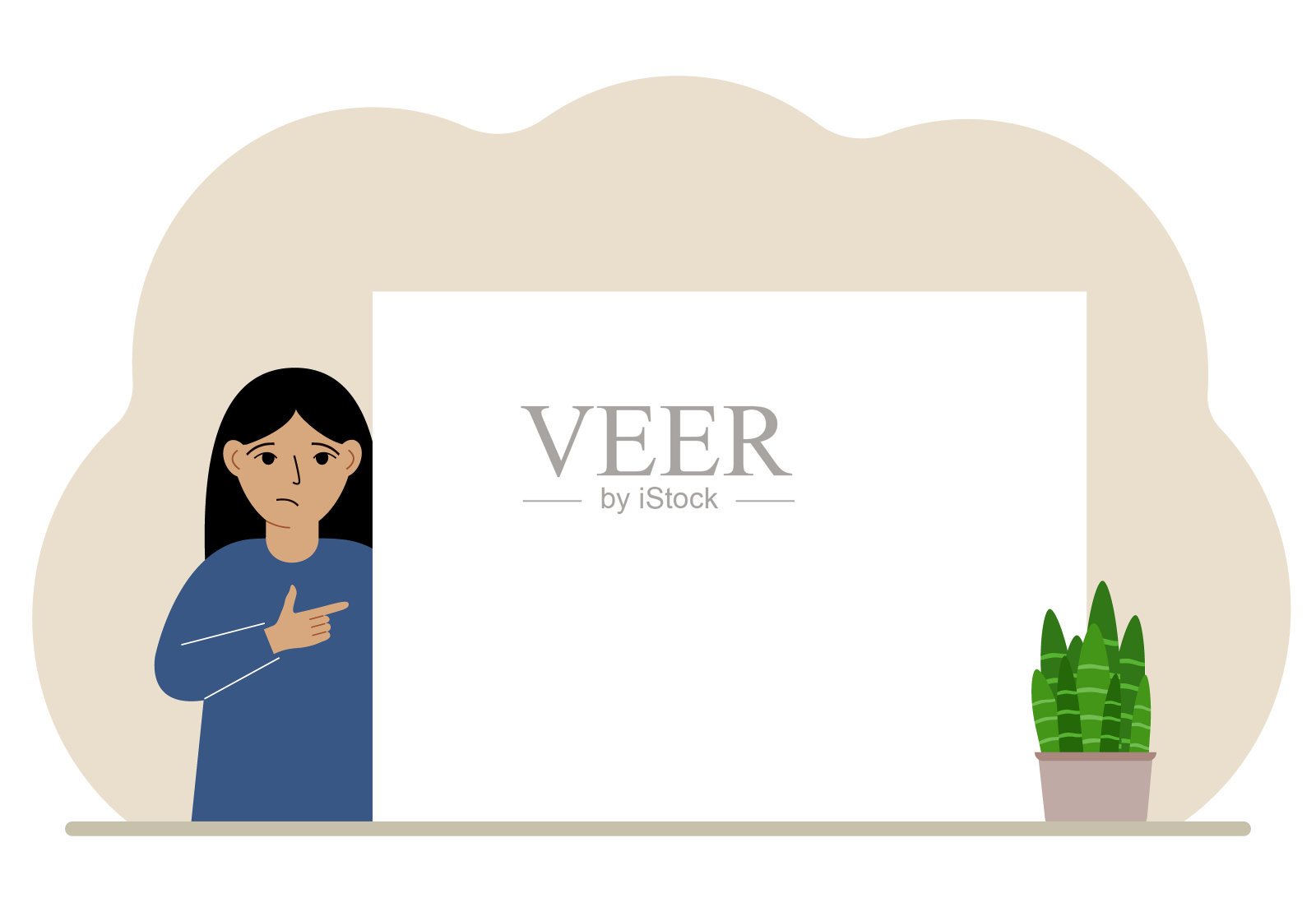 一个女孩用手指着一条干净的大横幅、一张空白海报或一张空白的白纸。插画图片素材