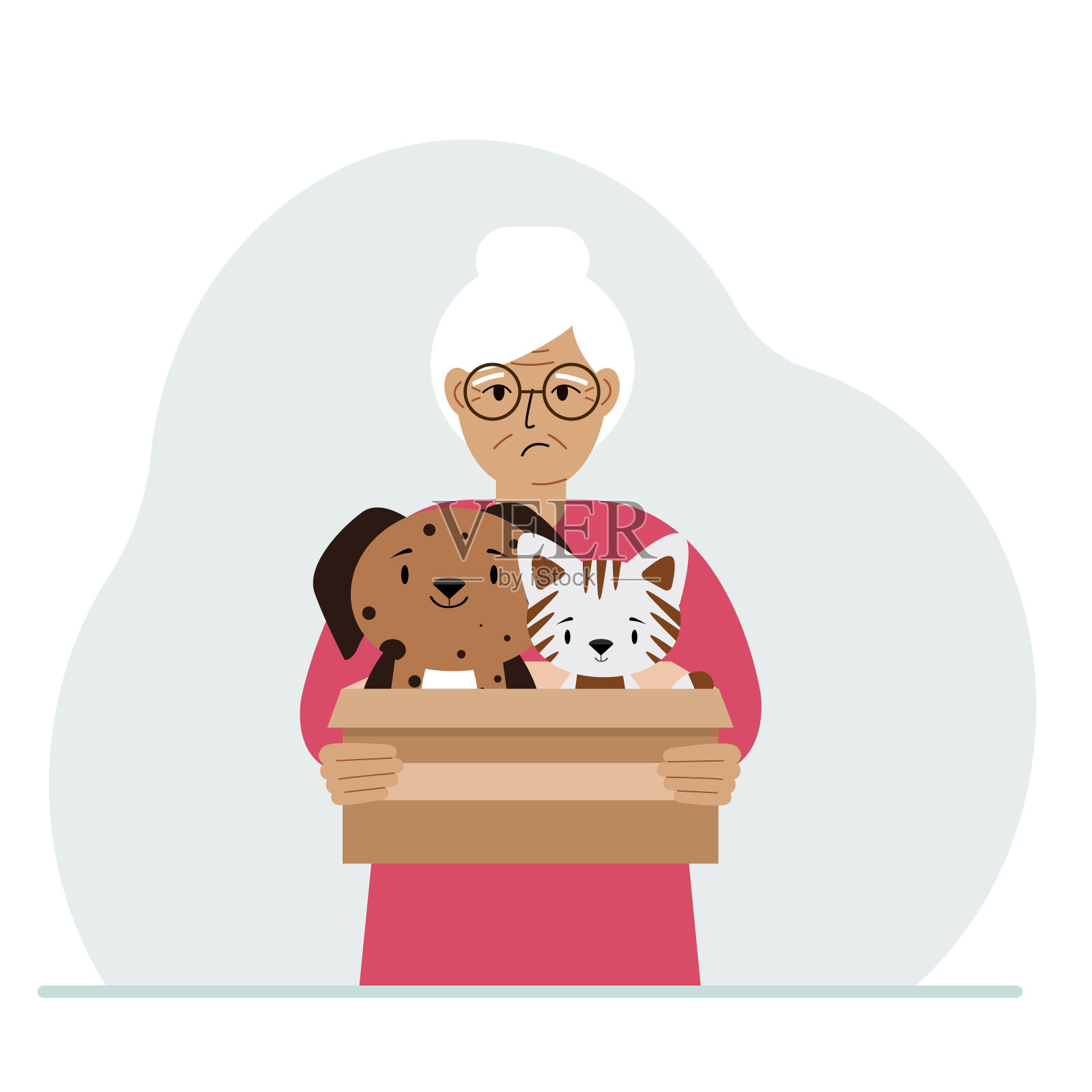 一个女人拿着一个纸板箱，里面有一只猫和一只狗。对宠物的救助、帮助和照顾的概念。插画图片素材