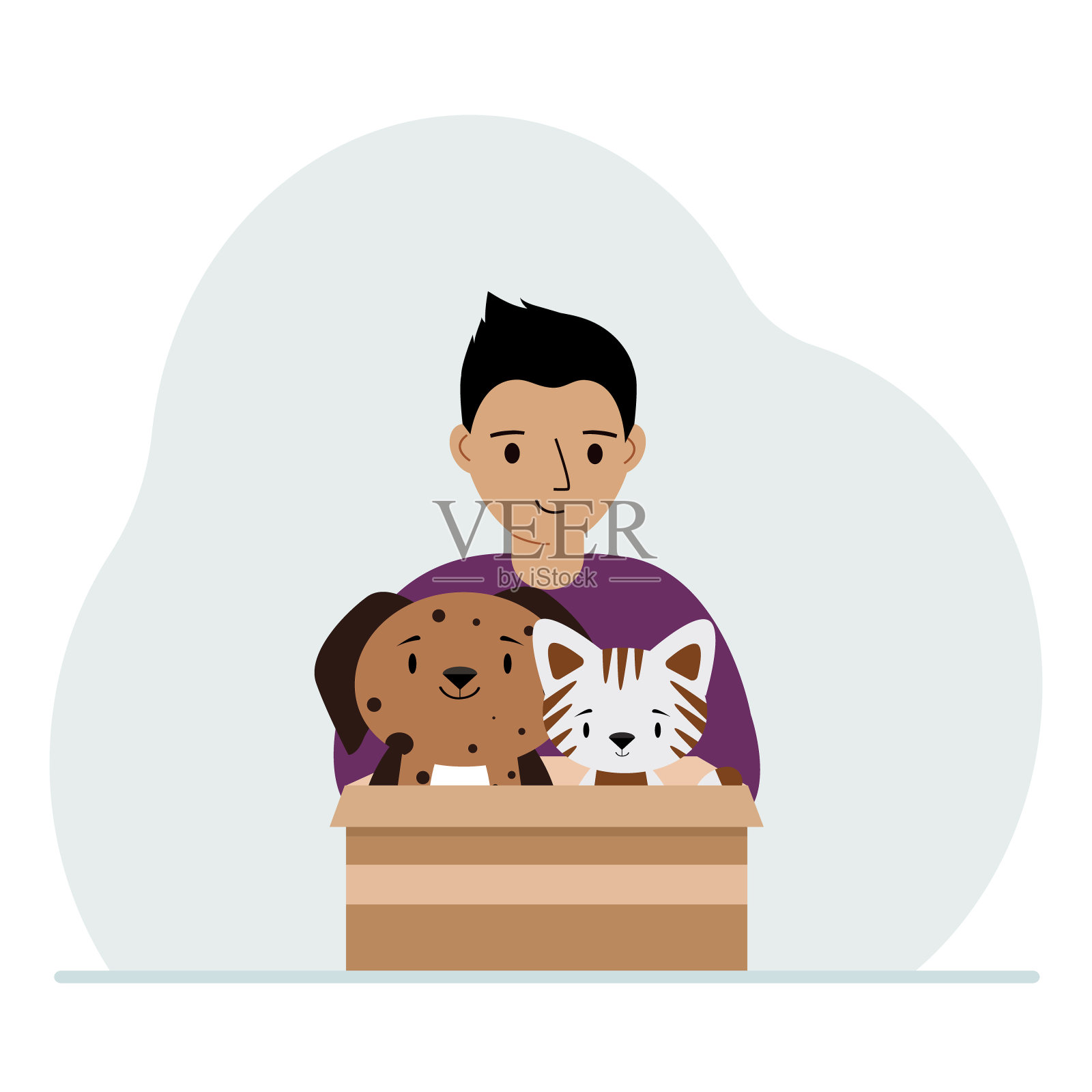 一个小男孩拿着一个纸板箱，里面有一只猫和一只狗。对宠物的救助、帮助和照顾的概念。插画图片素材