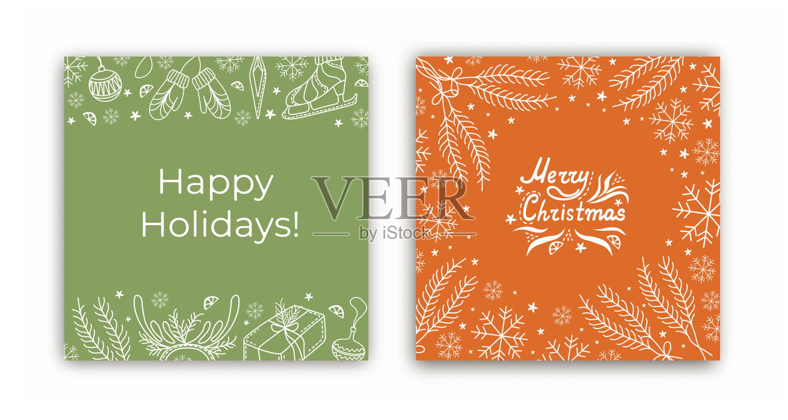 圣诞明信片。冬季树叶节日贺卡。设计模板素材