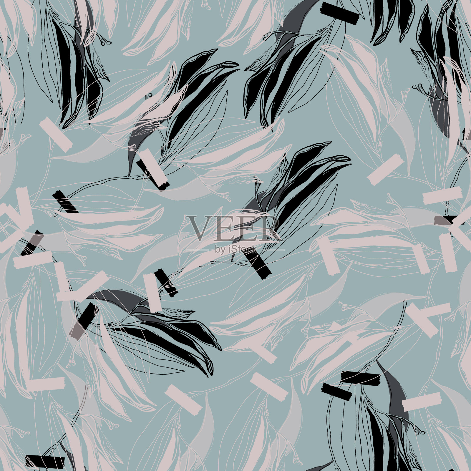 手绘的单色在灰色薄荷背景上留下无缝的花图案插画图片素材