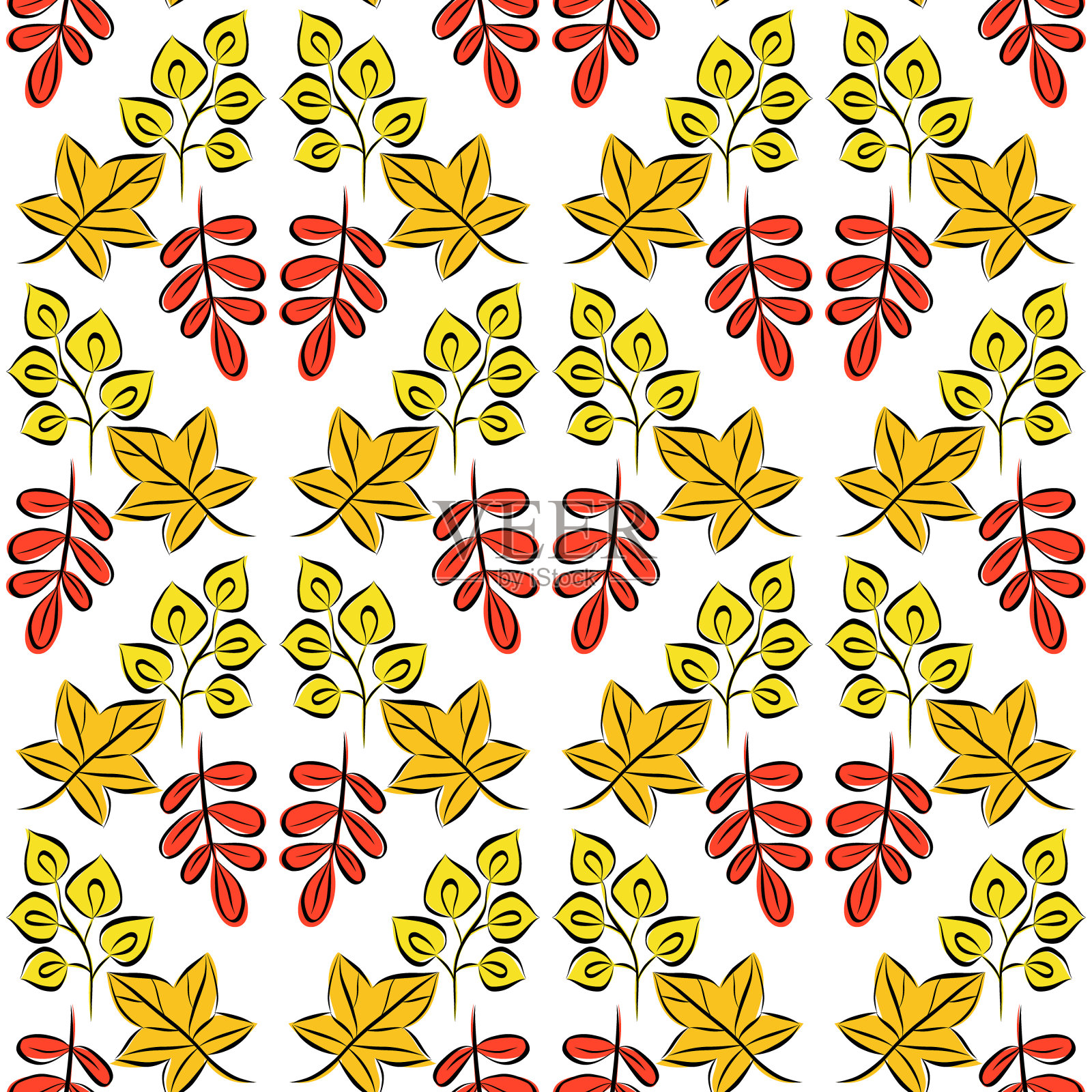 色彩缤纷的秋季无缝图案与树叶。简单的卡通扁平风格。矢量插图。橙色,红色,黄色。插画图片素材