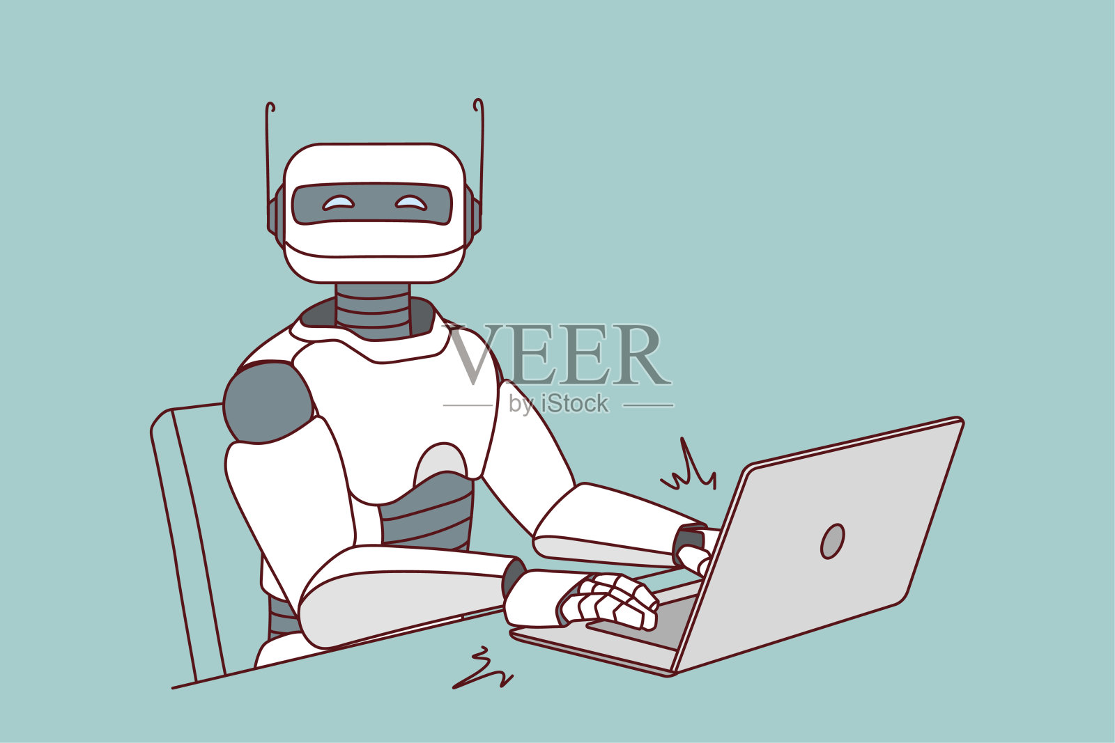机器人在桌上的笔记本电脑上工作插画图片素材