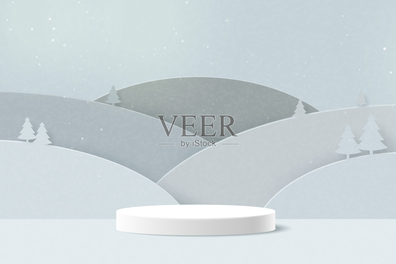 3d剪纸抽象最小几何形状模板背景。白色圆柱裙台上的山景。最小的冬季场景背景。矢量插图。插画图片素材