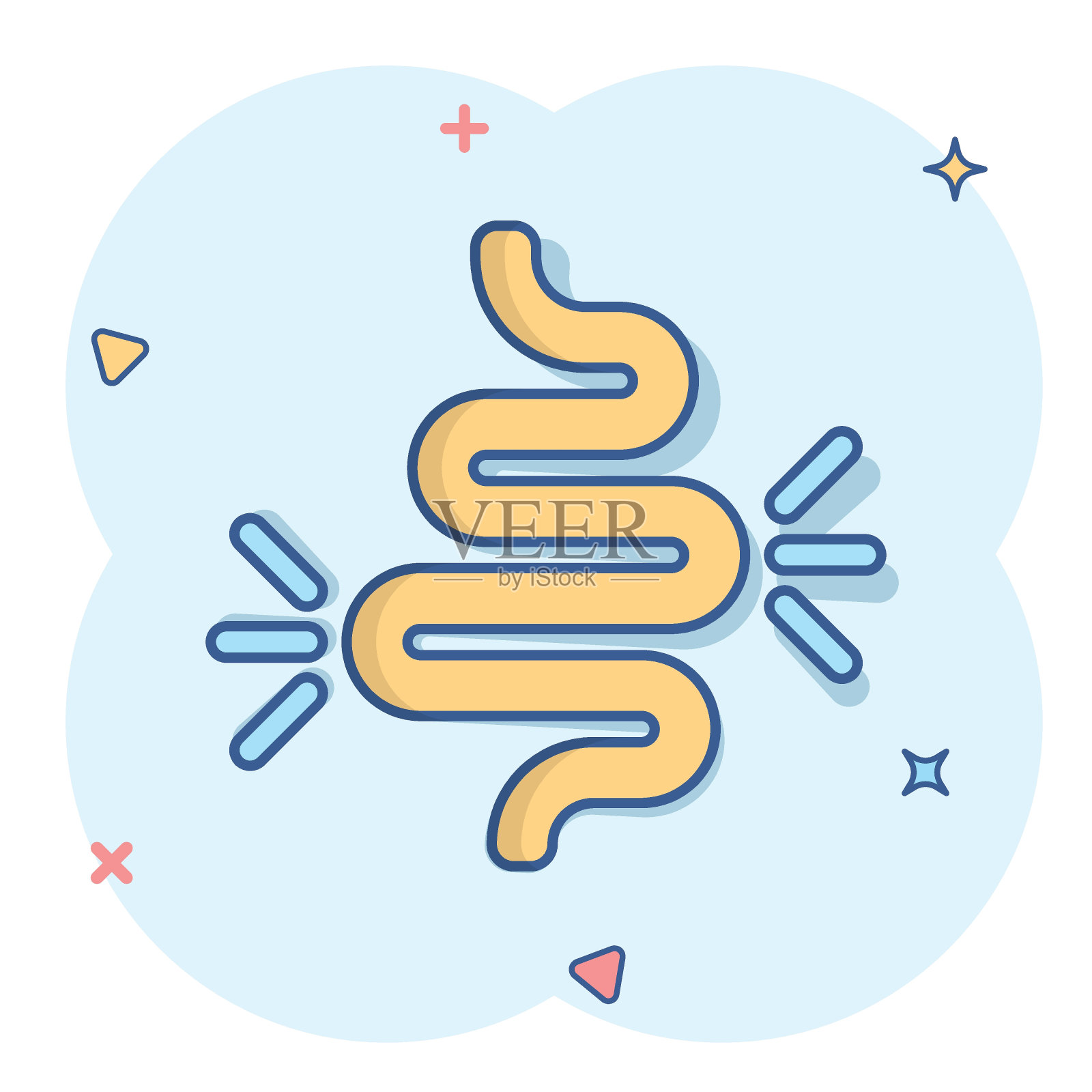 肠便秘图标在漫画风格。结肠炎矢量卡通插图在白色孤立的背景。胃商概念飞溅效应。插画图片素材