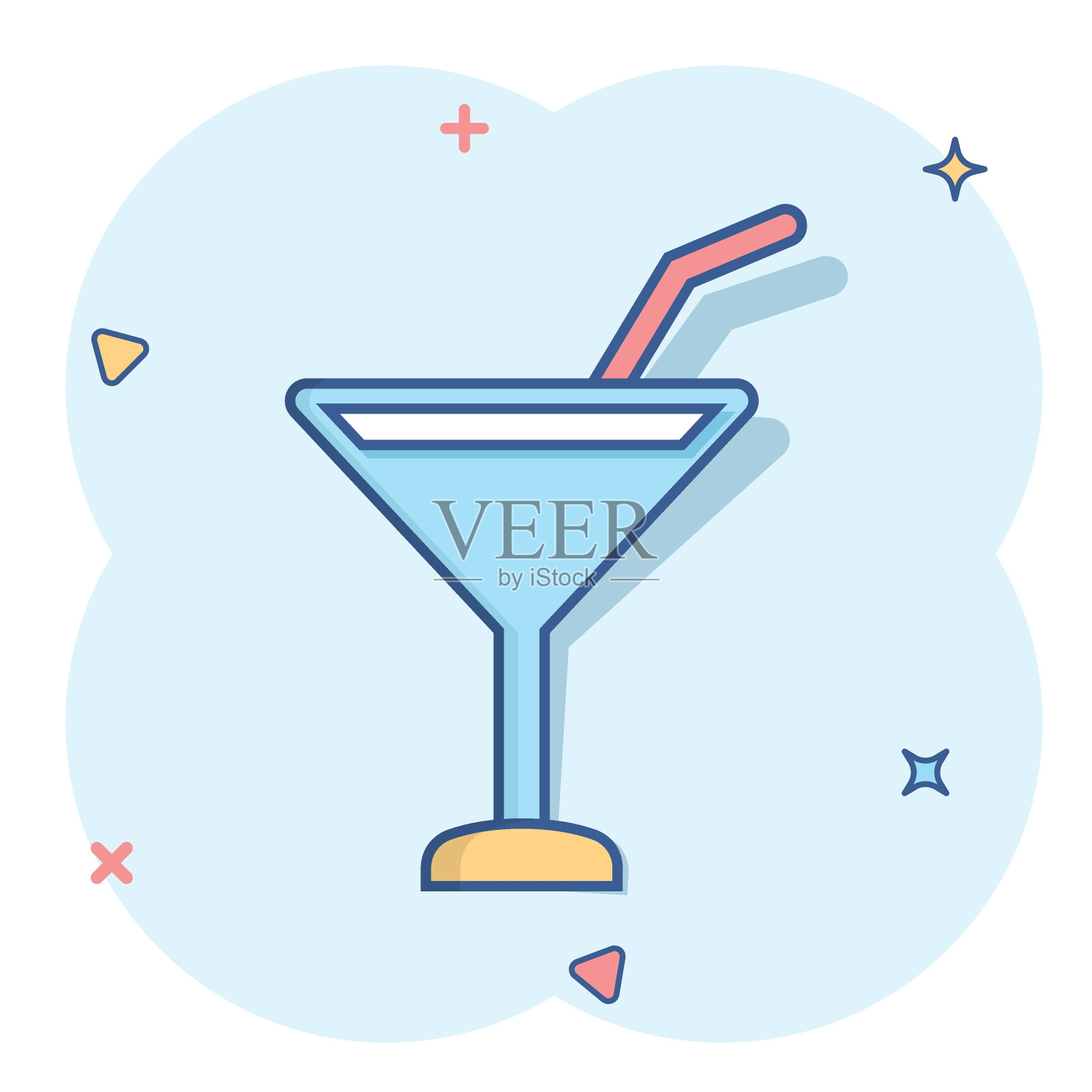 喜剧风格的酒精鸡尾酒图标。饮料玻璃矢量卡通插图在白色孤立的背景。马提尼液体商业概念飞溅效果。插画图片素材