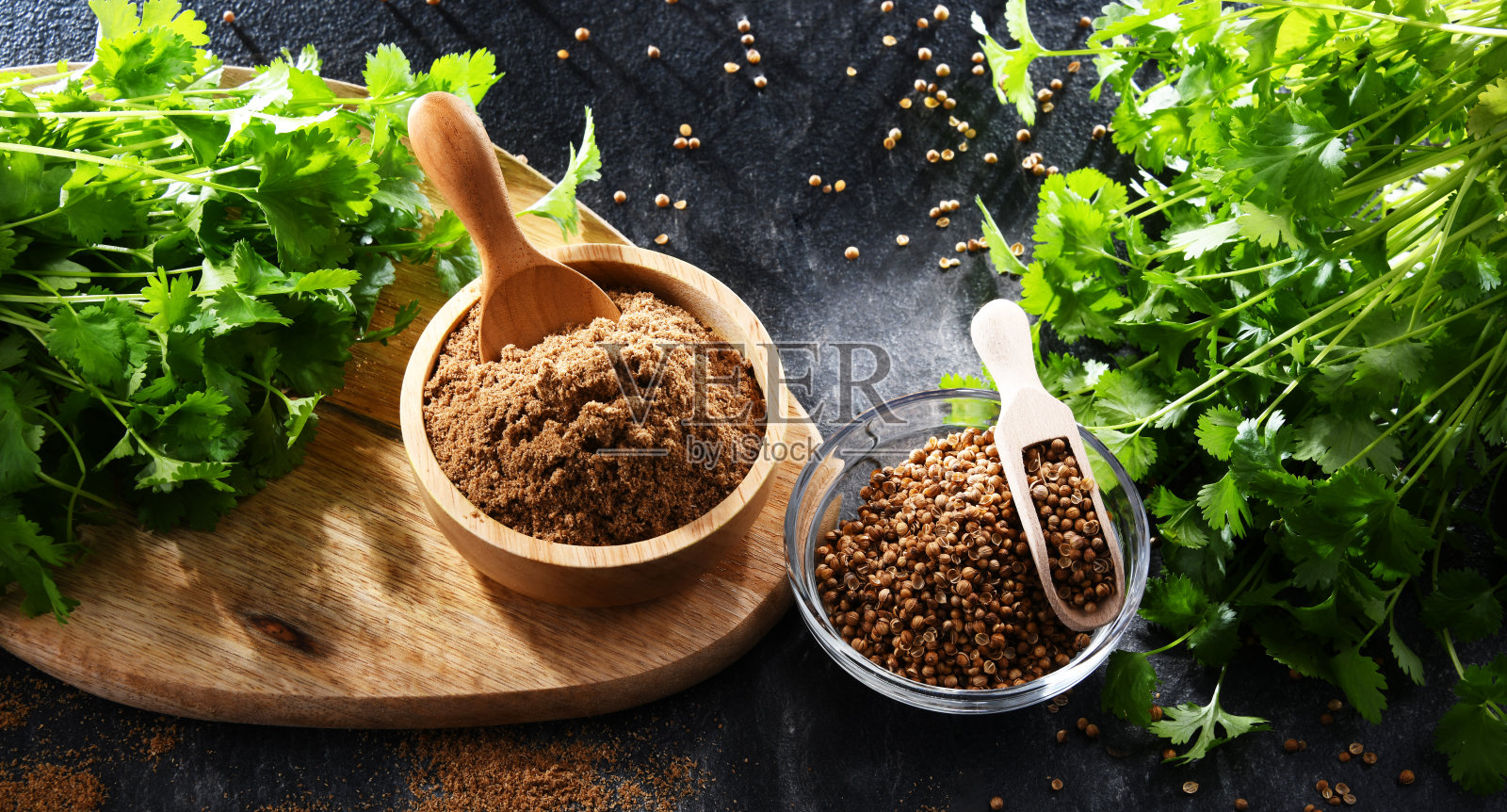 磨碎的香菜，它的干种子和新鲜的叶子照片摄影图片