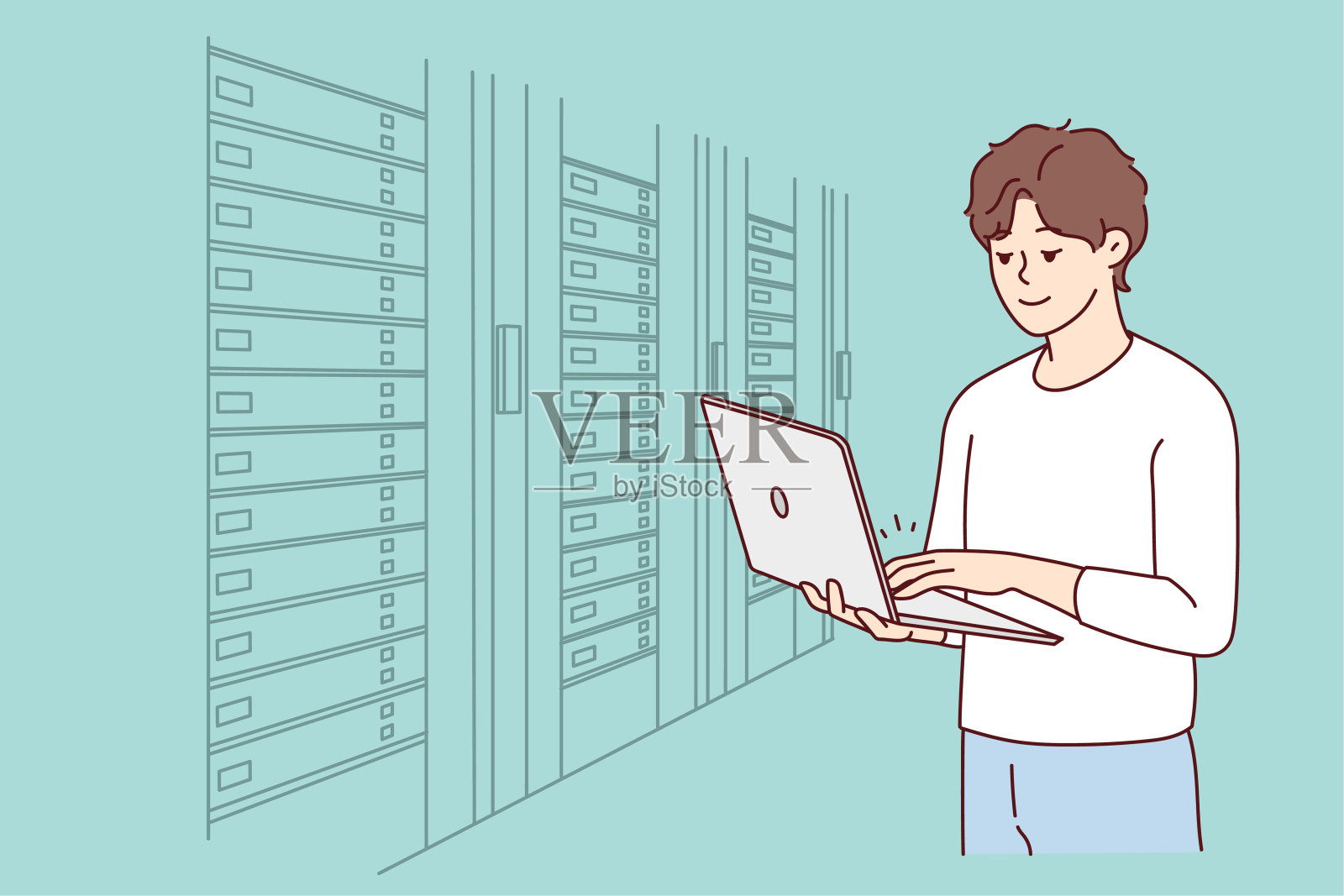 男性工程师在服务器室工作插画图片素材