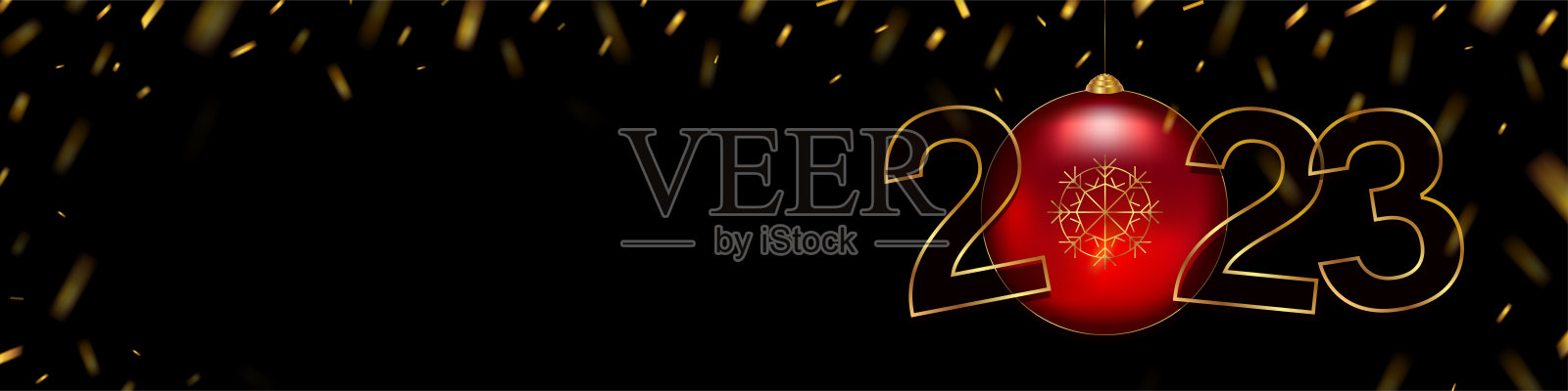 勾勒出金色数字2023和一个黑色背景上有雪花的红色圣诞球插画图片素材