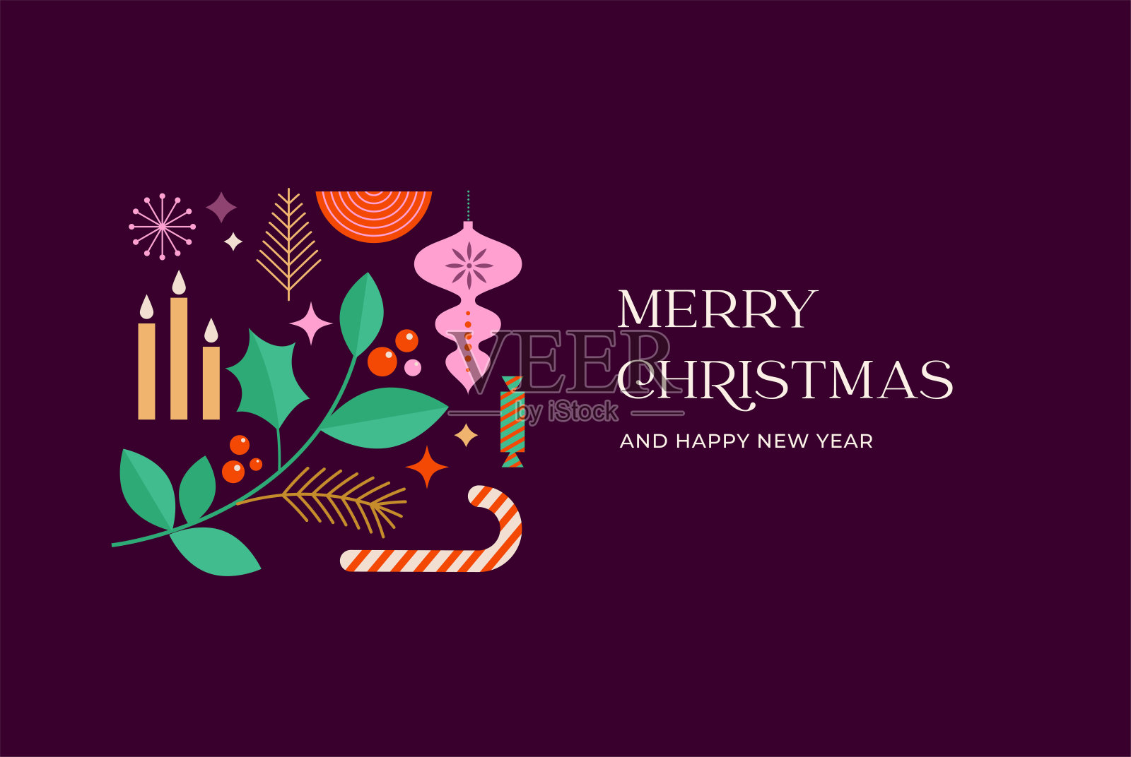 圣诞背景与多个圣诞装饰和冬季元素。彩色矢量插图在平面几何卡通风格设计模板素材