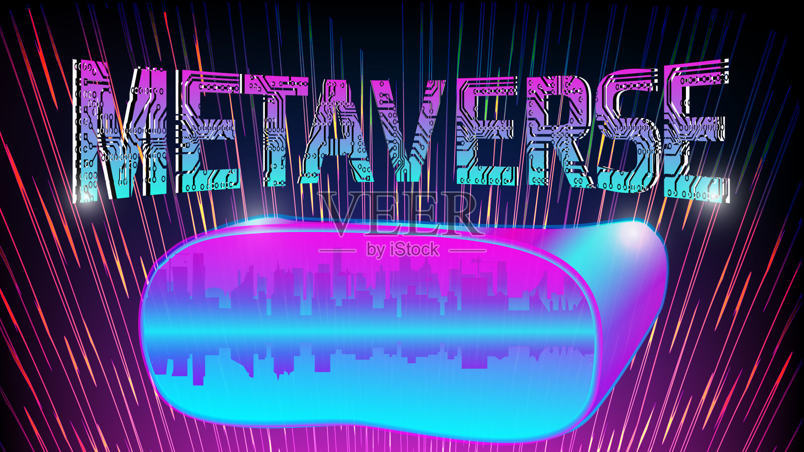 虚拟现实眼镜与未来的城市内部和词Metaverse上面他们的数字紫色背景。插画图片素材