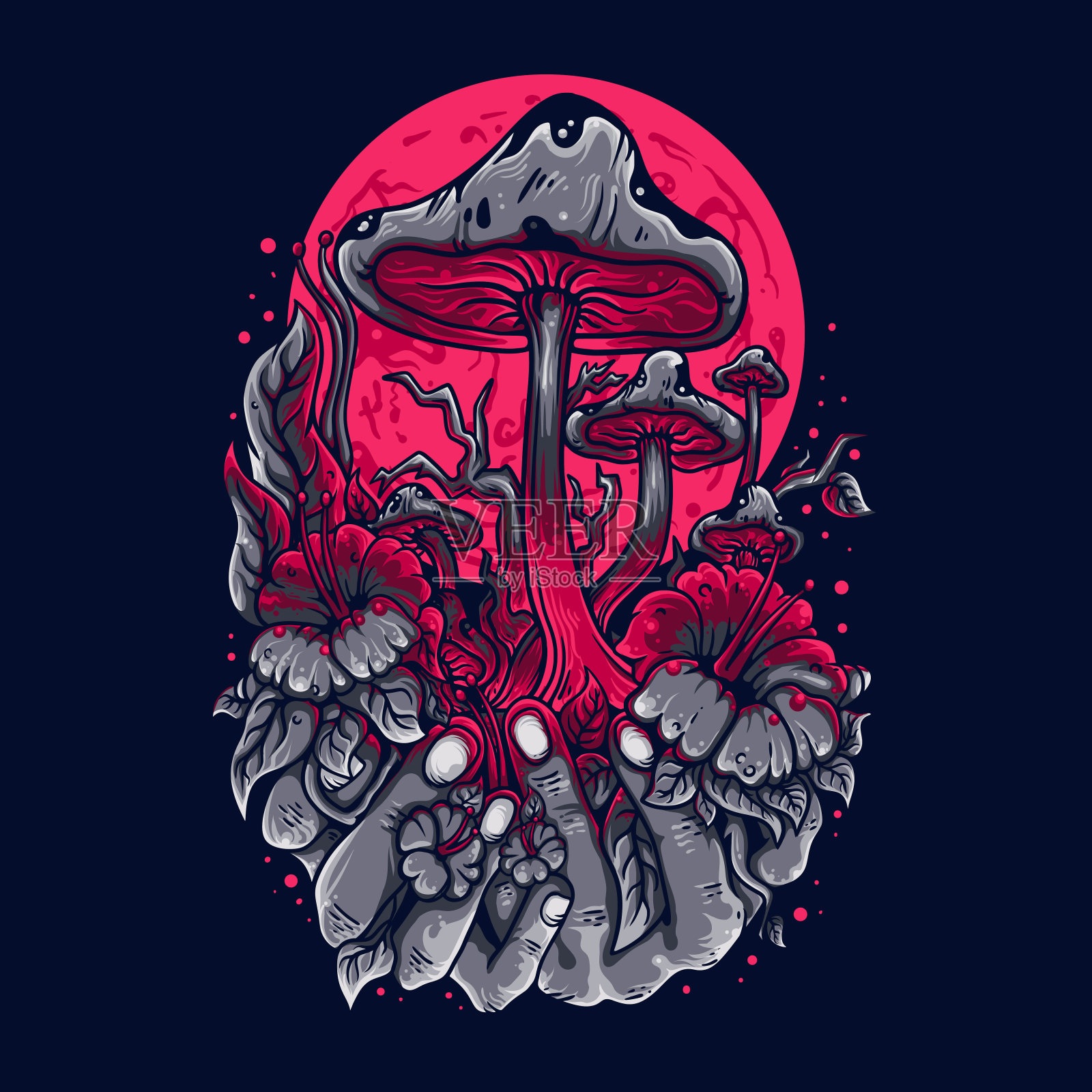 矢量插图彩色蘑菇森林在手上与满月复古插图插画图片素材