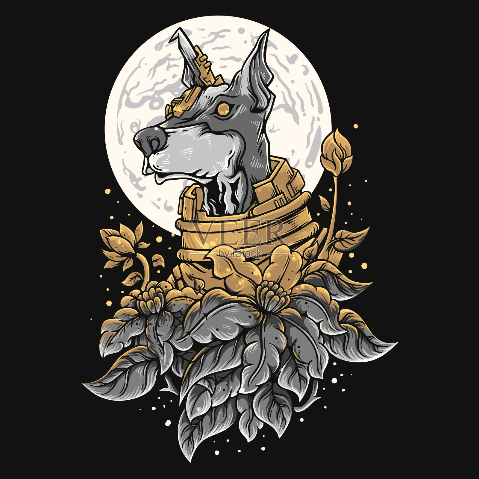 矢量插图彩色半机器人狗被花包围在满月下的太空复古插图插画图片素材