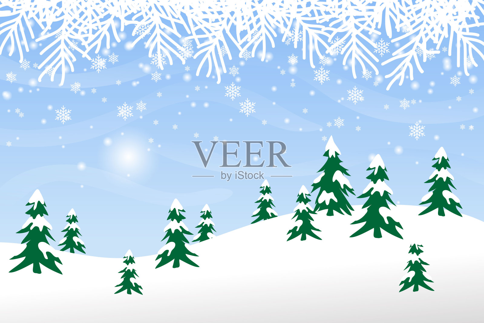 冬季观自然背景模板壁纸，雪山配冷杉树，设计矢量图形插画图片素材