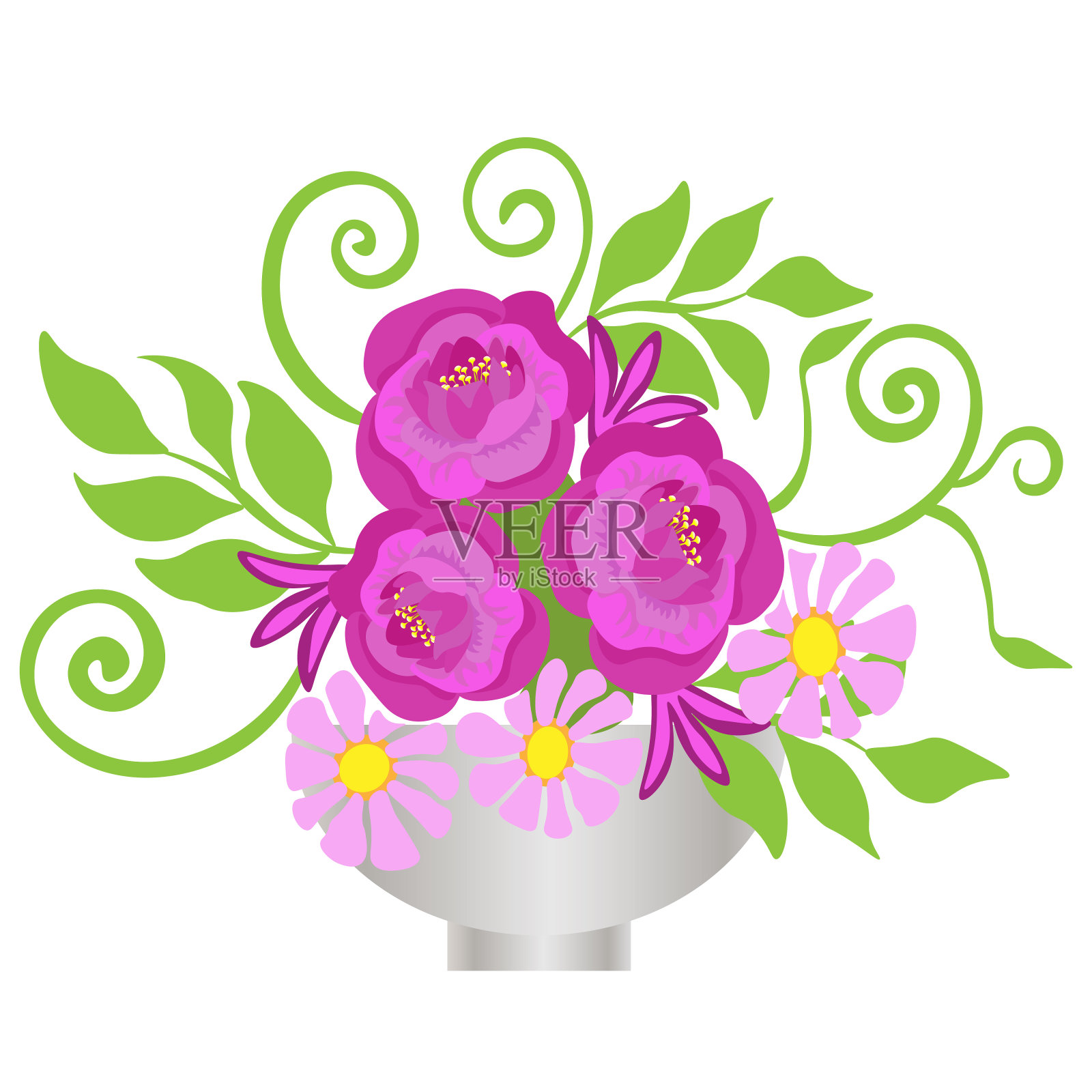 花瓶里的花束，绿色的叶子，孤立在白色的背景上。插画图片素材