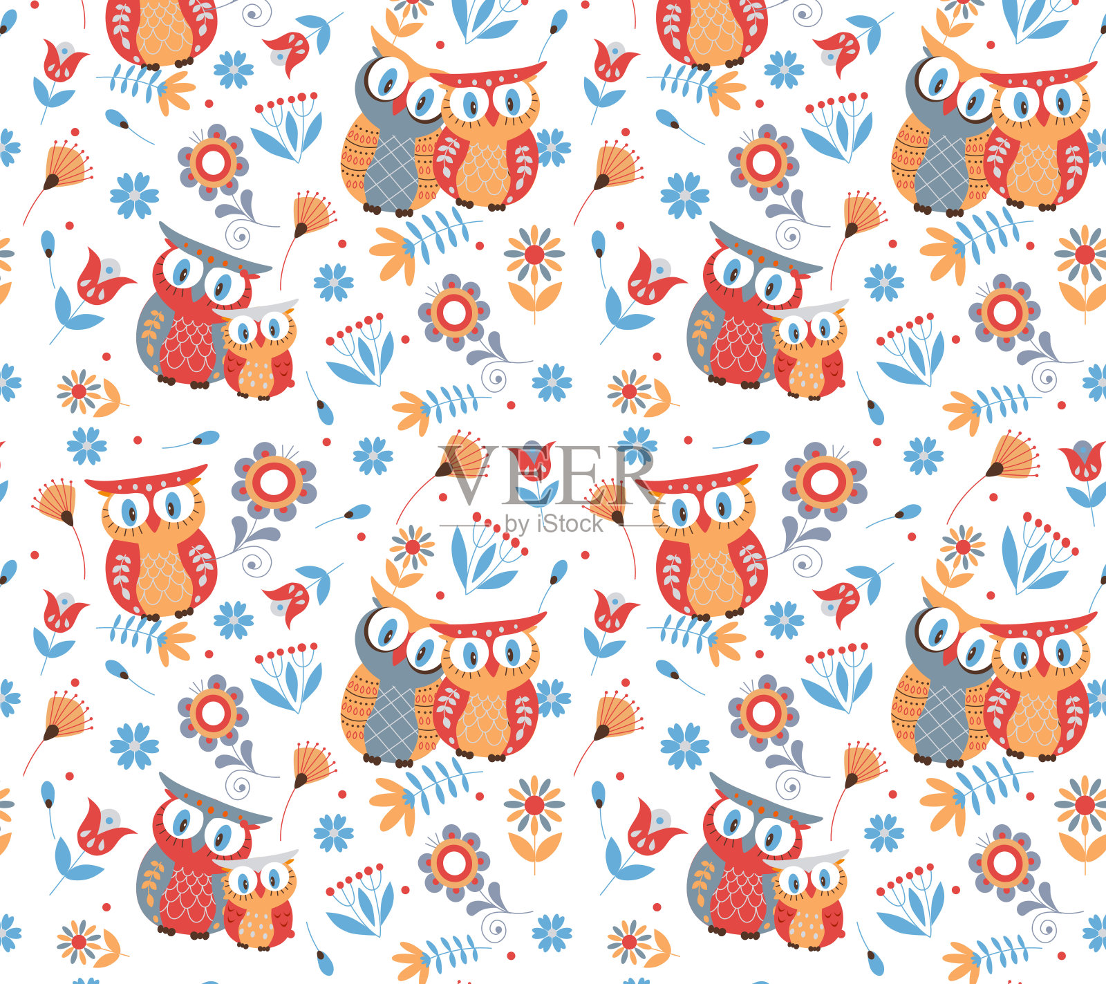 无缝模式与彩色猫头鹰在白色背景插画图片素材