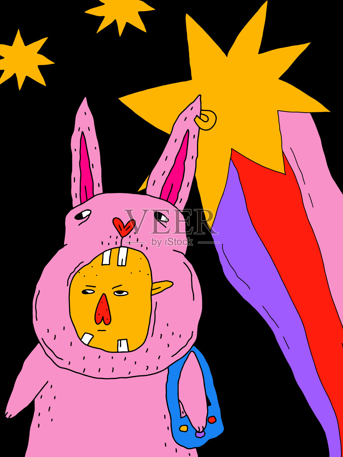 矢量卡的复古圣诞和新年。幽默派对嘉年华，穿着兔子装，拿着烟花。粉红色的兔子,心,彩虹,节日。1970年的迷幻时髦模板插画图片素材