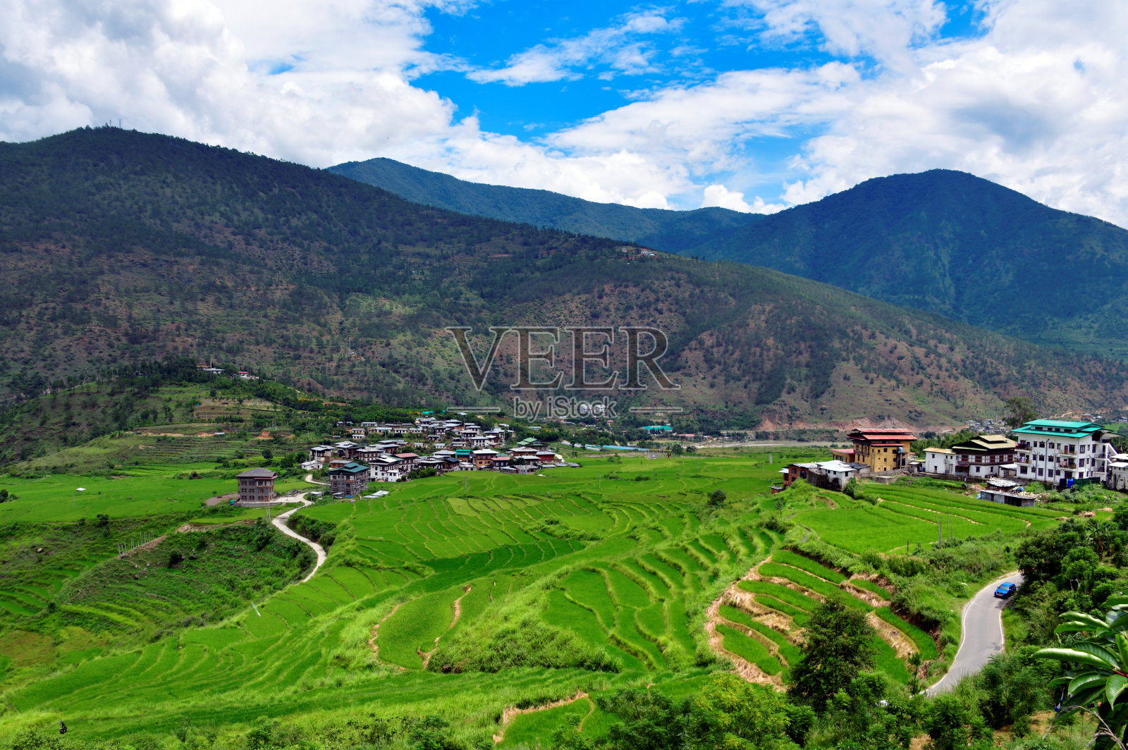 不丹Lobesa山谷的Chimi Lhakhang寺庙和村庄照片摄影图片
