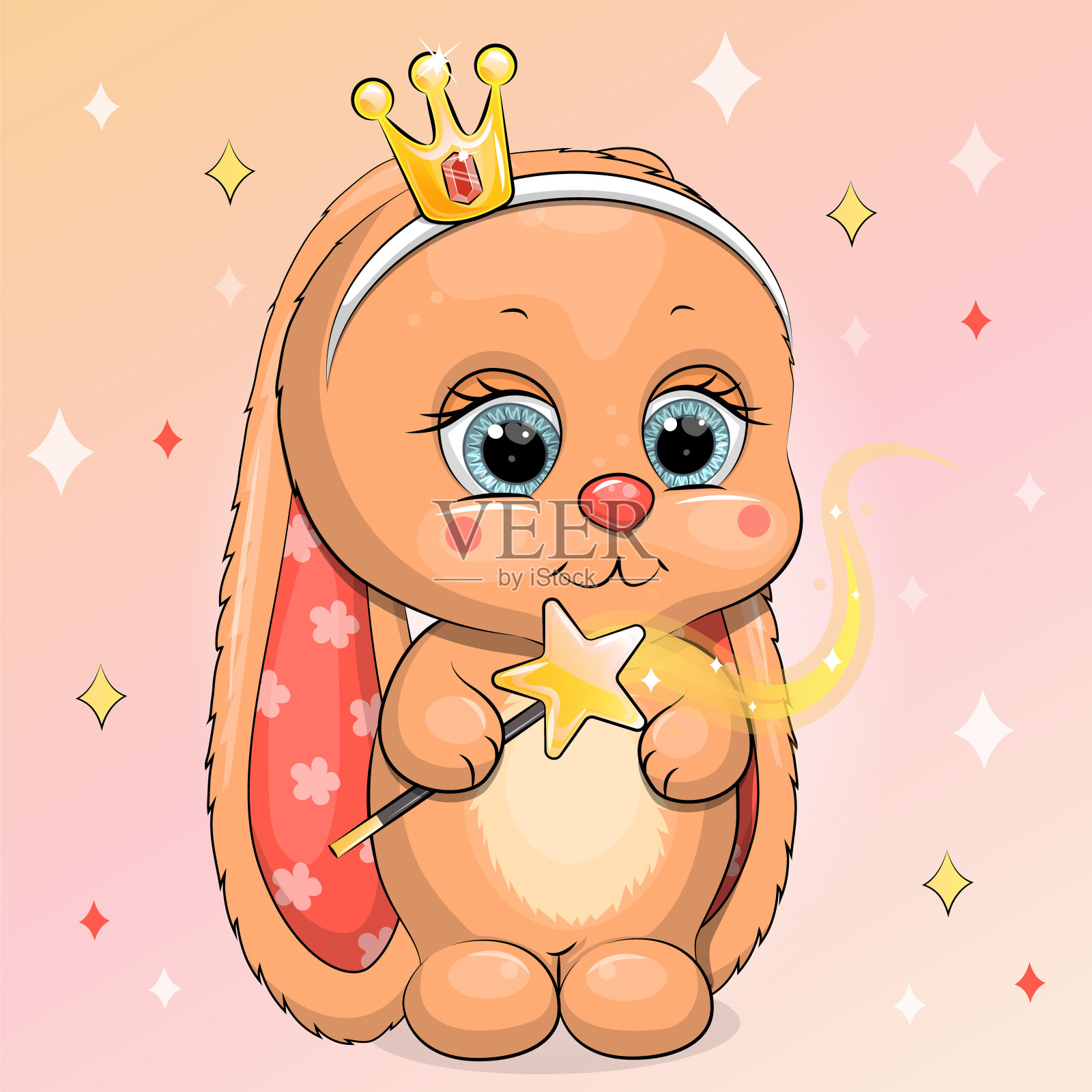 一只可爱的卡通兔子头戴王冠，手里拿着一根魔杖。插画图片素材