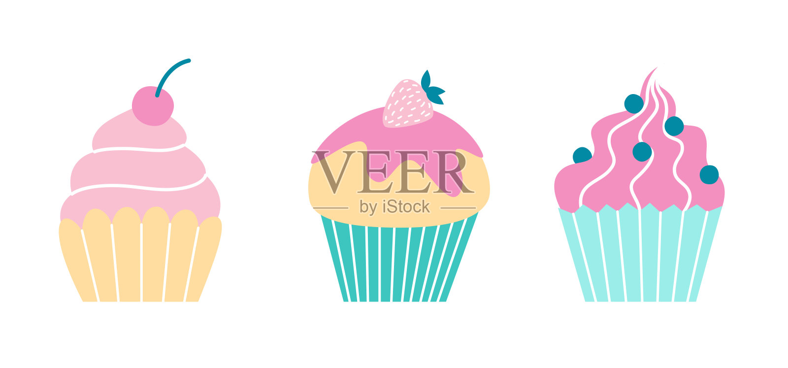 可爱的平面风格矢量插画与纸杯蛋糕集插画图片素材