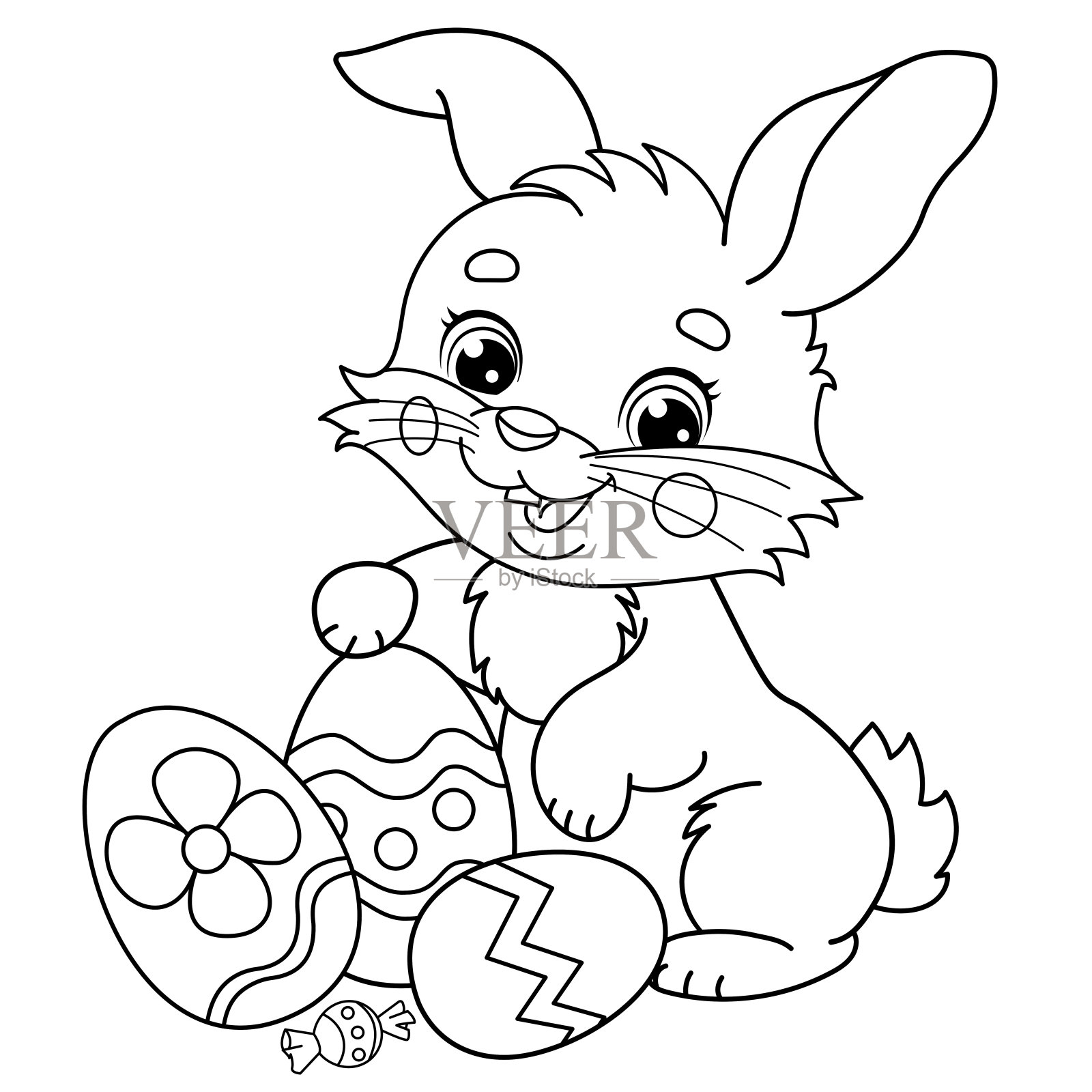 卡通可爱的复活节兔子的鸡蛋和糖果。儿童填色书。插画图片素材