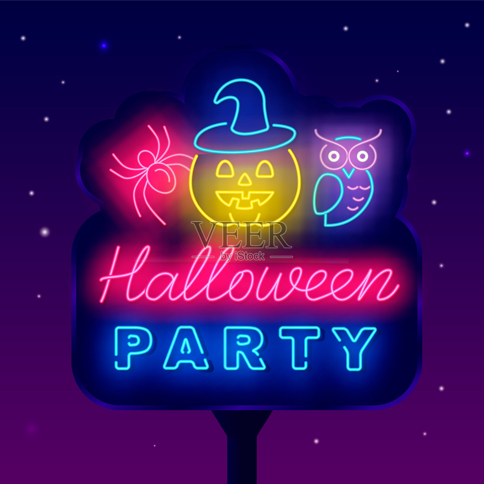 万圣节派对霓虹街广告牌。光广告。南瓜，蜘蛛和猫头鹰。向量股票插图设计模板素材