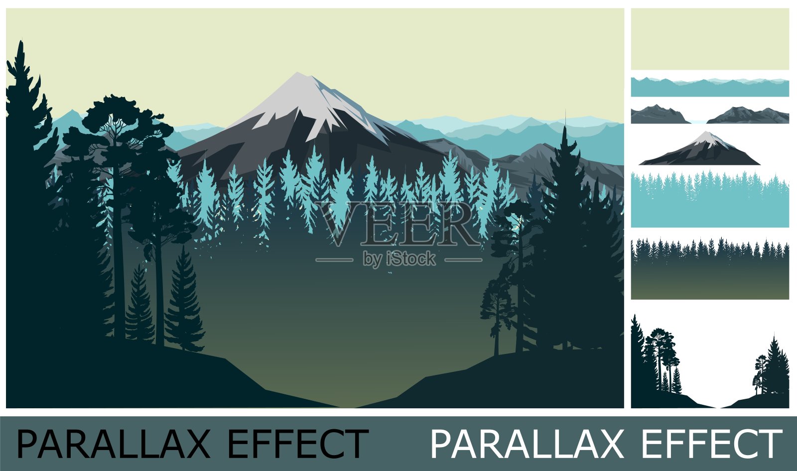 山的风景。图像从图层叠加与视差效果。闹鬼的森林。针叶树和落叶乔木。剪影山岩石在地平线上。向量。插画图片素材