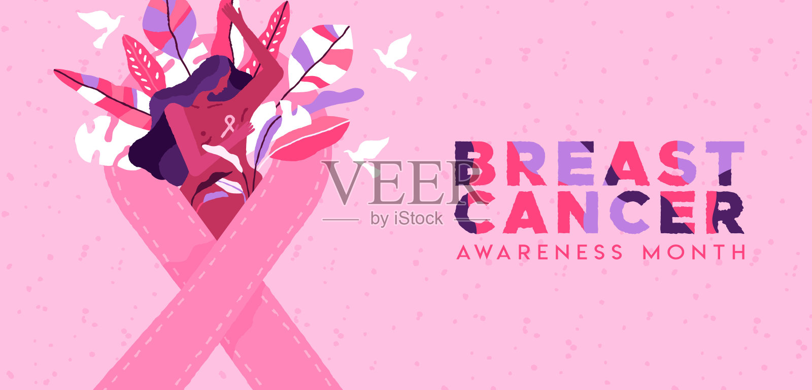 乳腺癌月热带叶女旗插画图片素材