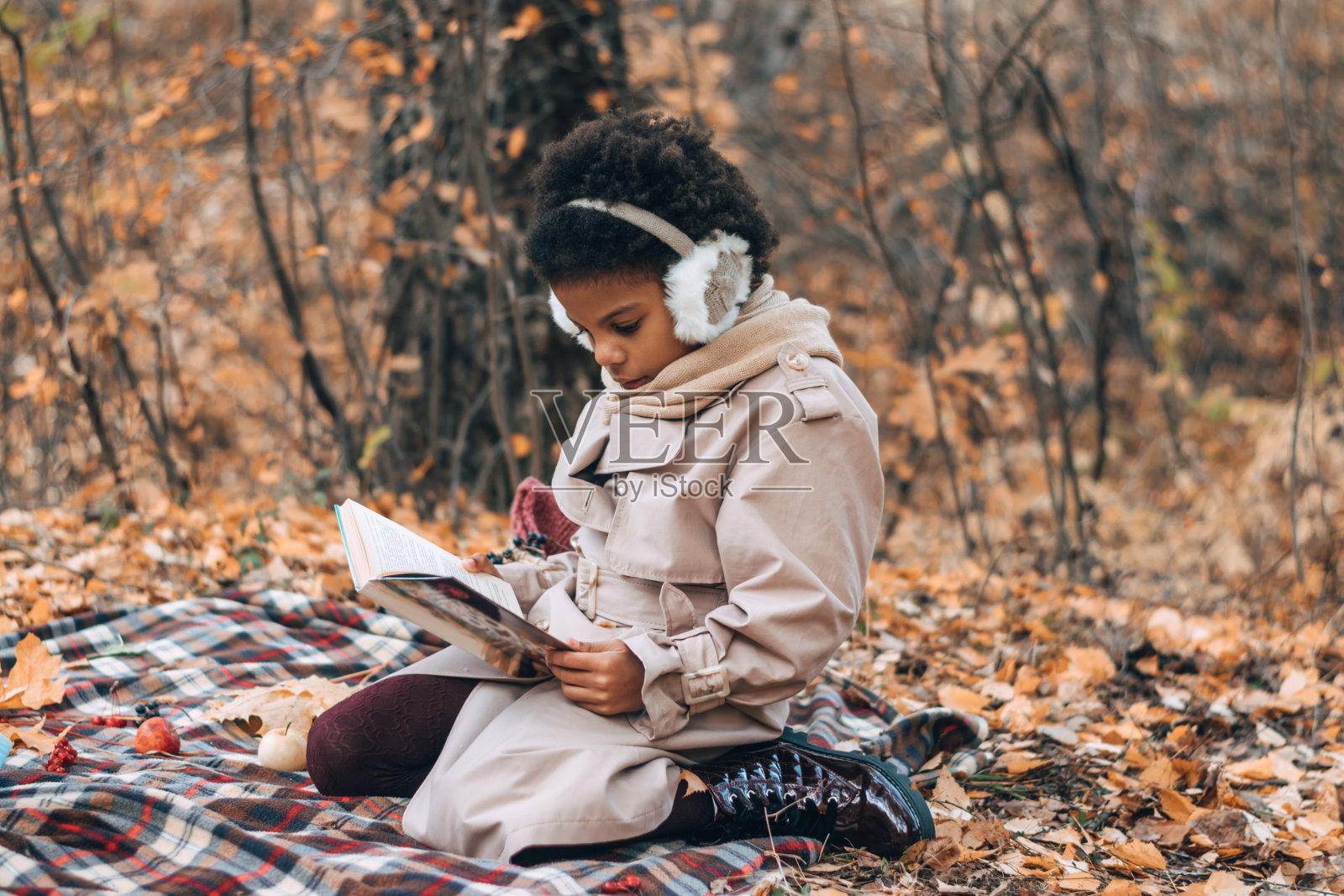 在秋季公园里读书的可爱非裔美国女孩。多样性，秋季概念照片摄影图片