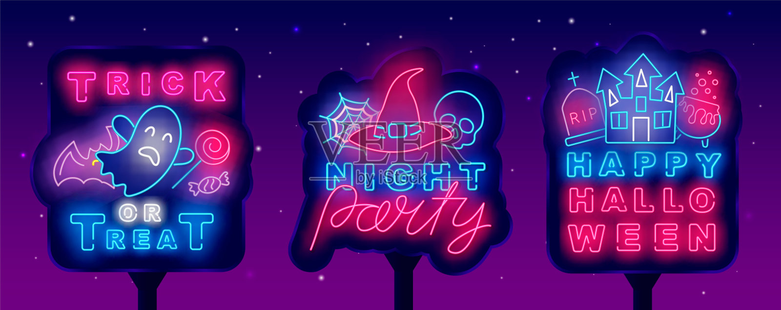 万圣节霓虹街头广告牌集合。晚上聚会标签。幽灵，女巫帽和城堡图标。矢量图插画图片素材