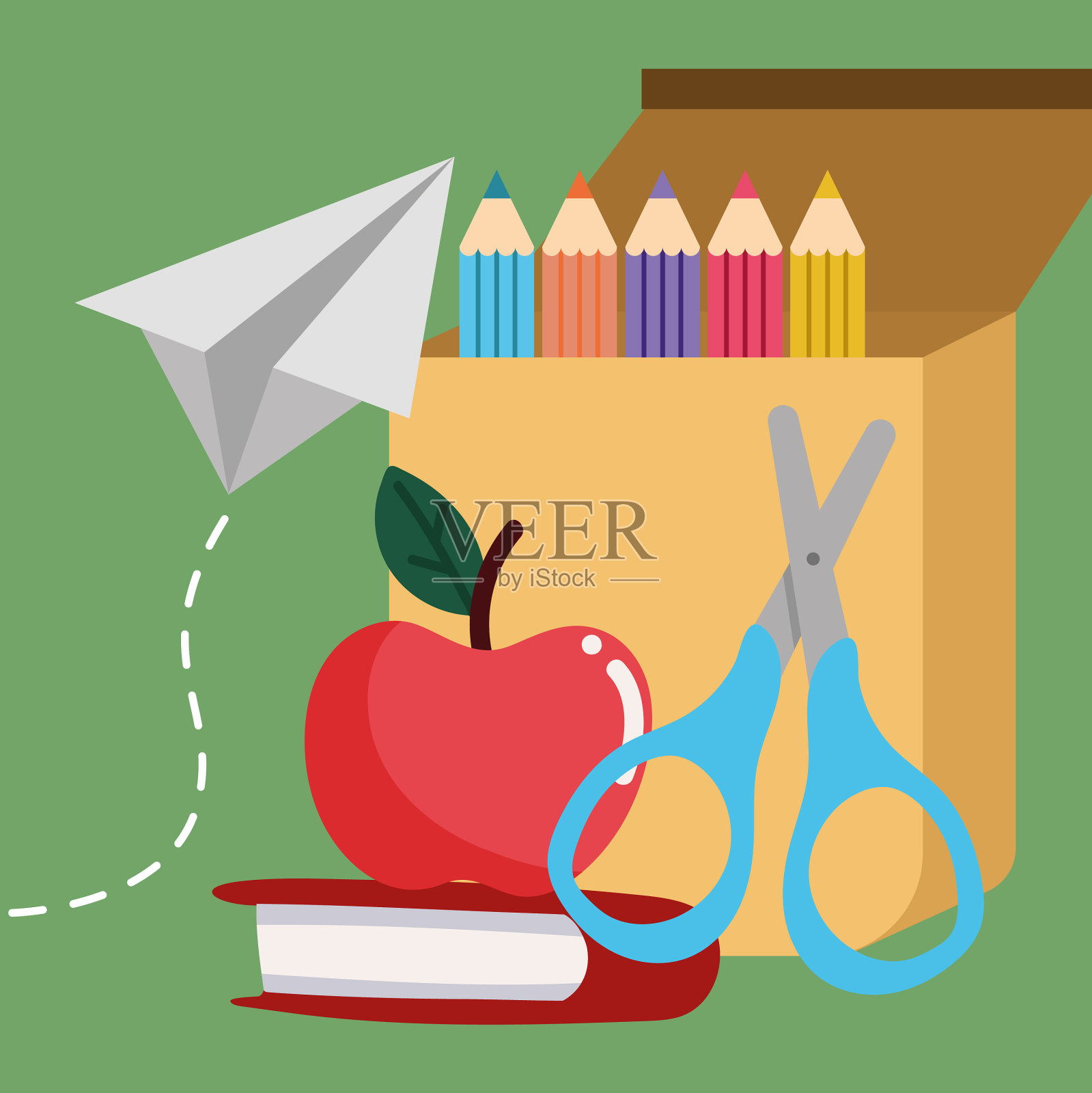 学校苹果和用品插画图片素材
