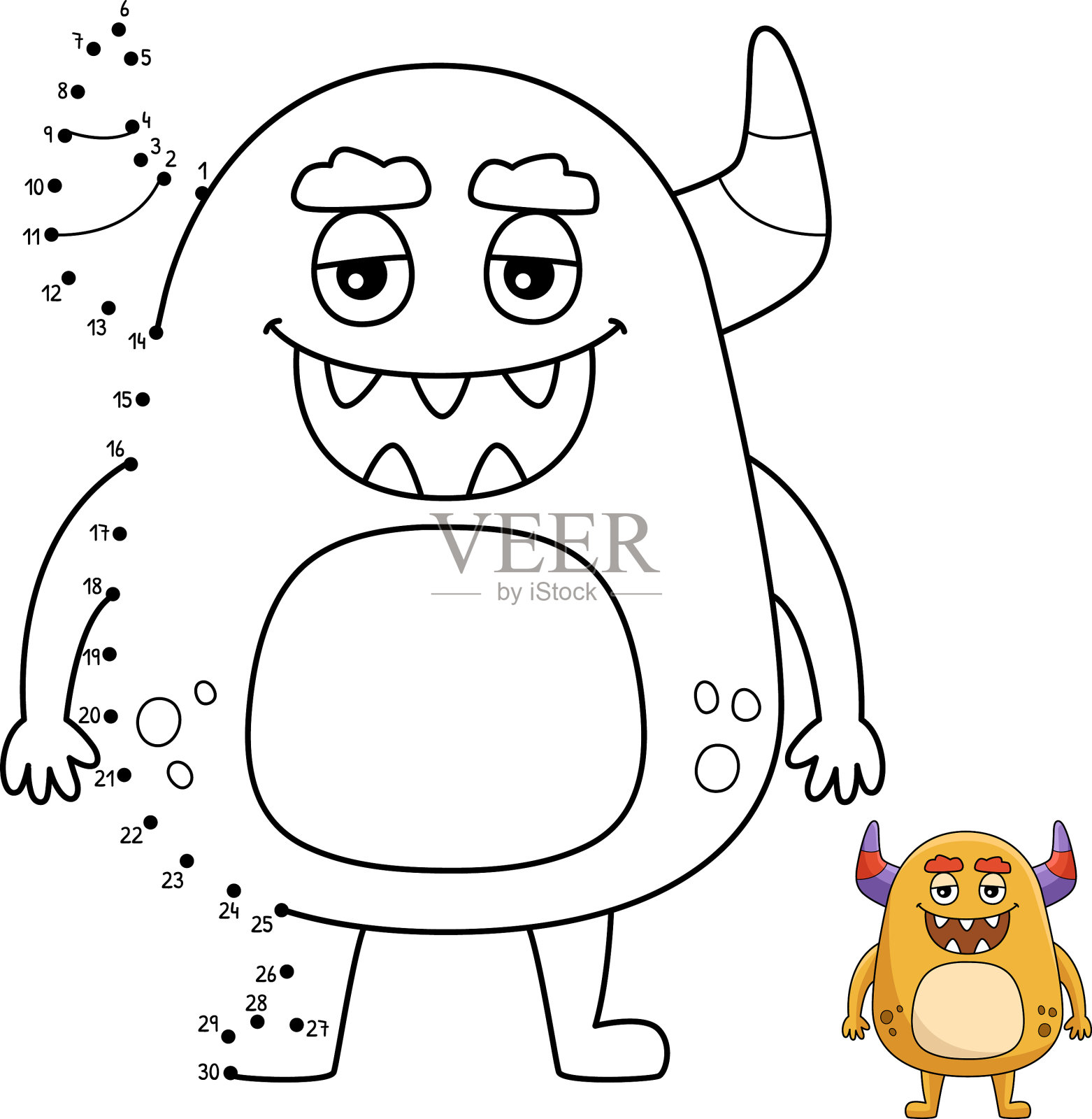 点对点快乐怪物孤立的着色页插画图片素材