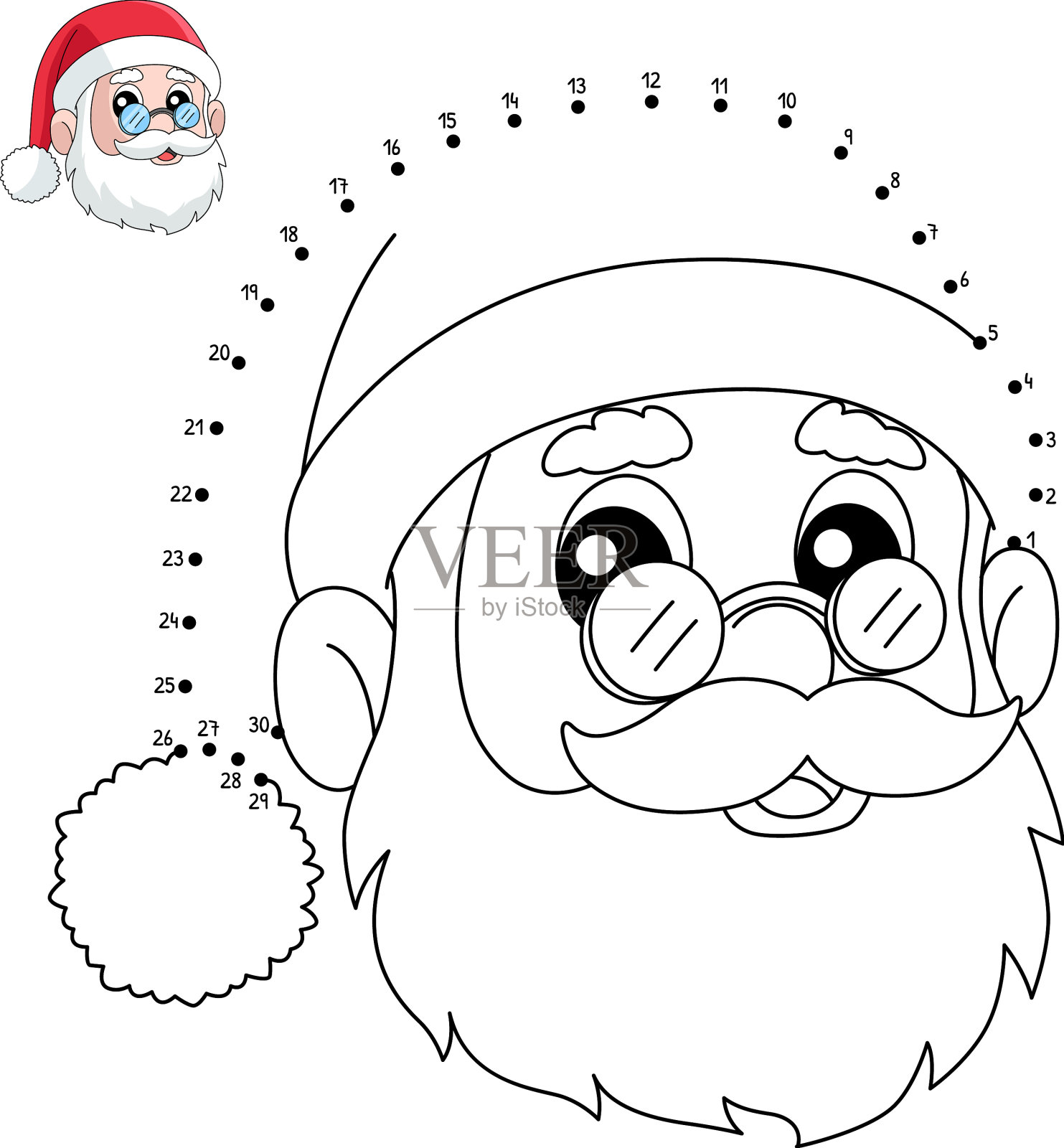 点对点圣诞圣诞老人头像涂色页插画图片素材