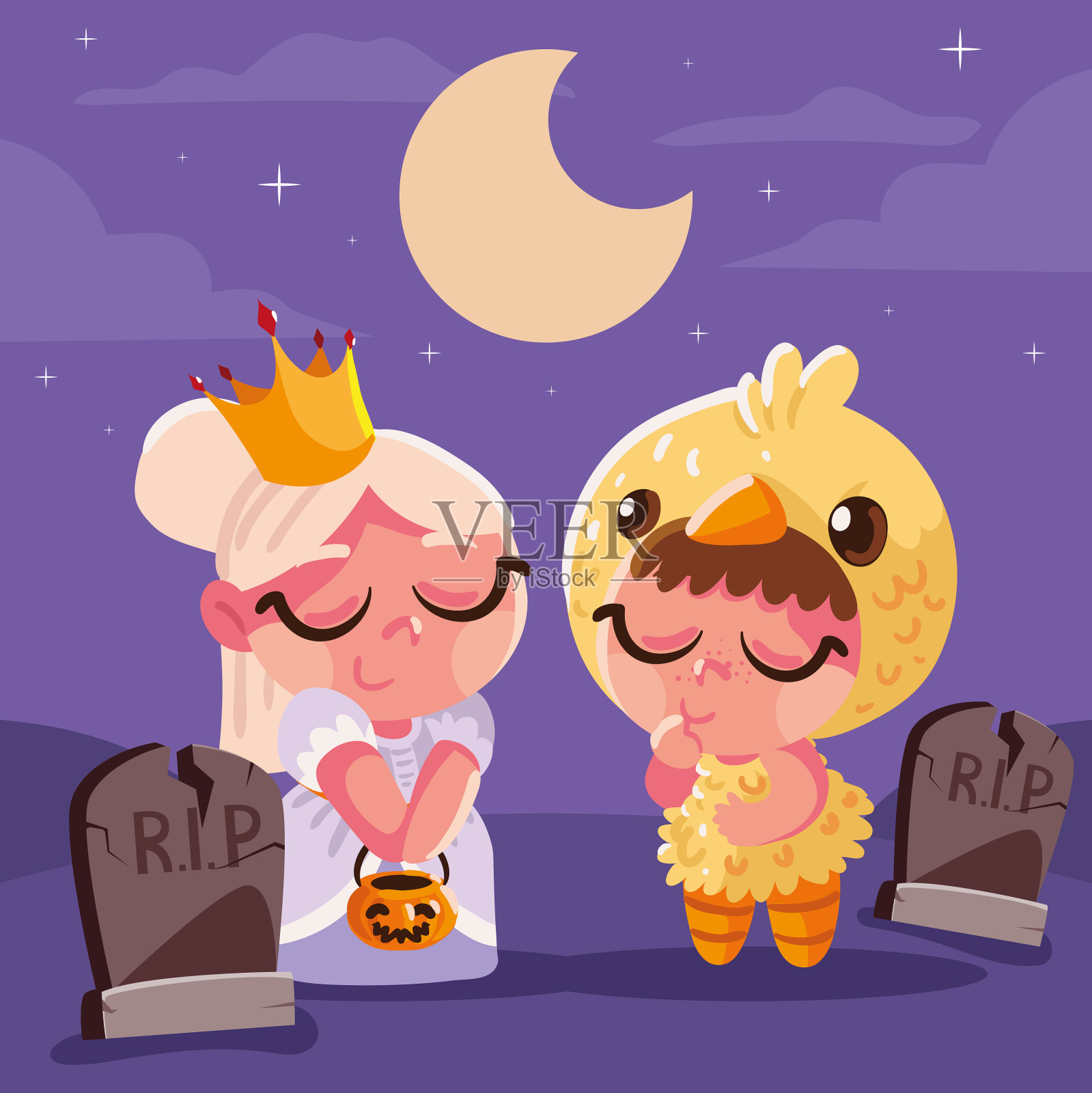 孩子们穿着万圣节的服装插画图片素材