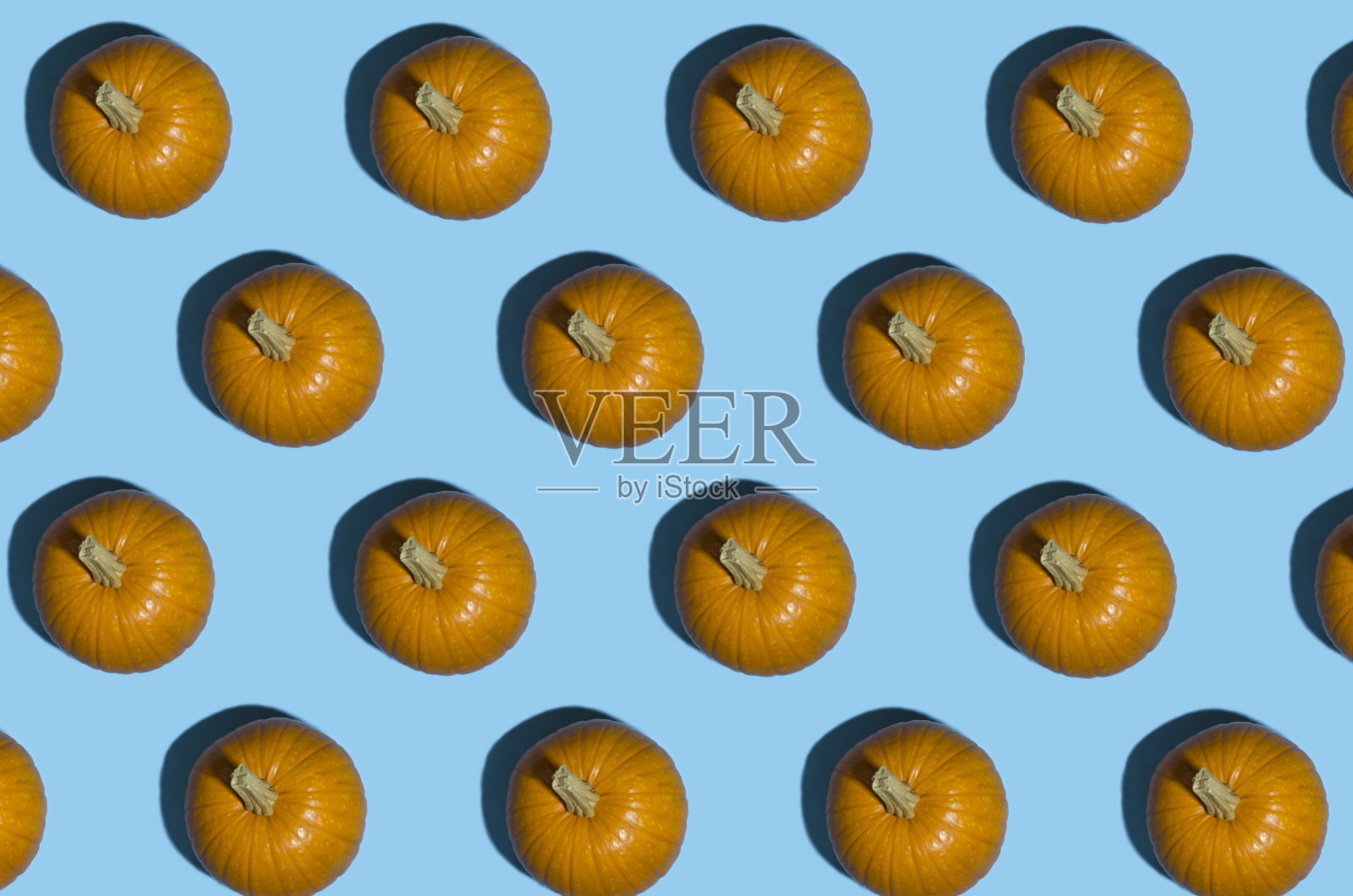 无缝图案的南瓜在蓝色背景。秋天,秋天组成。平铺，俯视图。万圣节快乐的概念。照片摄影图片