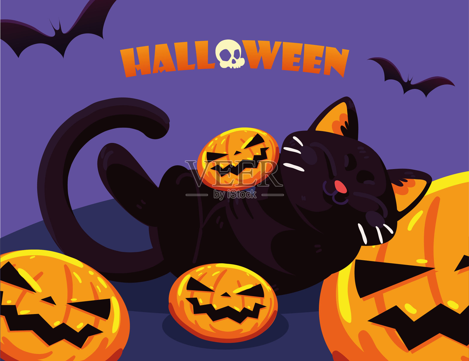 万圣节猫玩南瓜插画图片素材