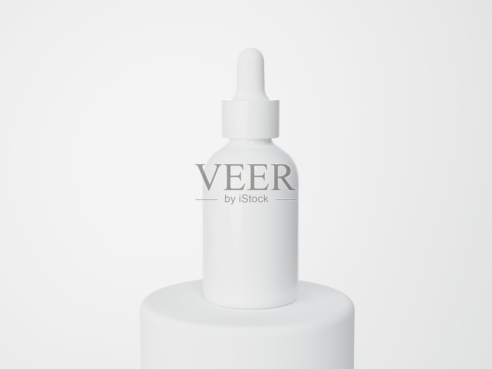 白色玻璃化妆品血清滴管瓶在平台上3D渲染，护理产品包装照片摄影图片