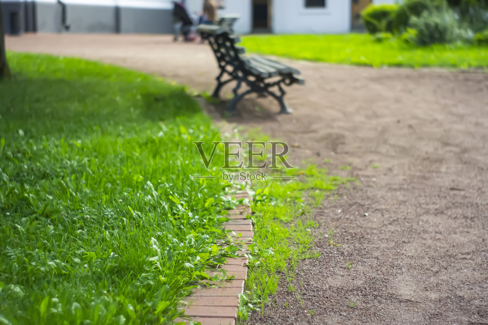 城市公园里的木凳。公园里有树的花园长凳。照片摄影图片