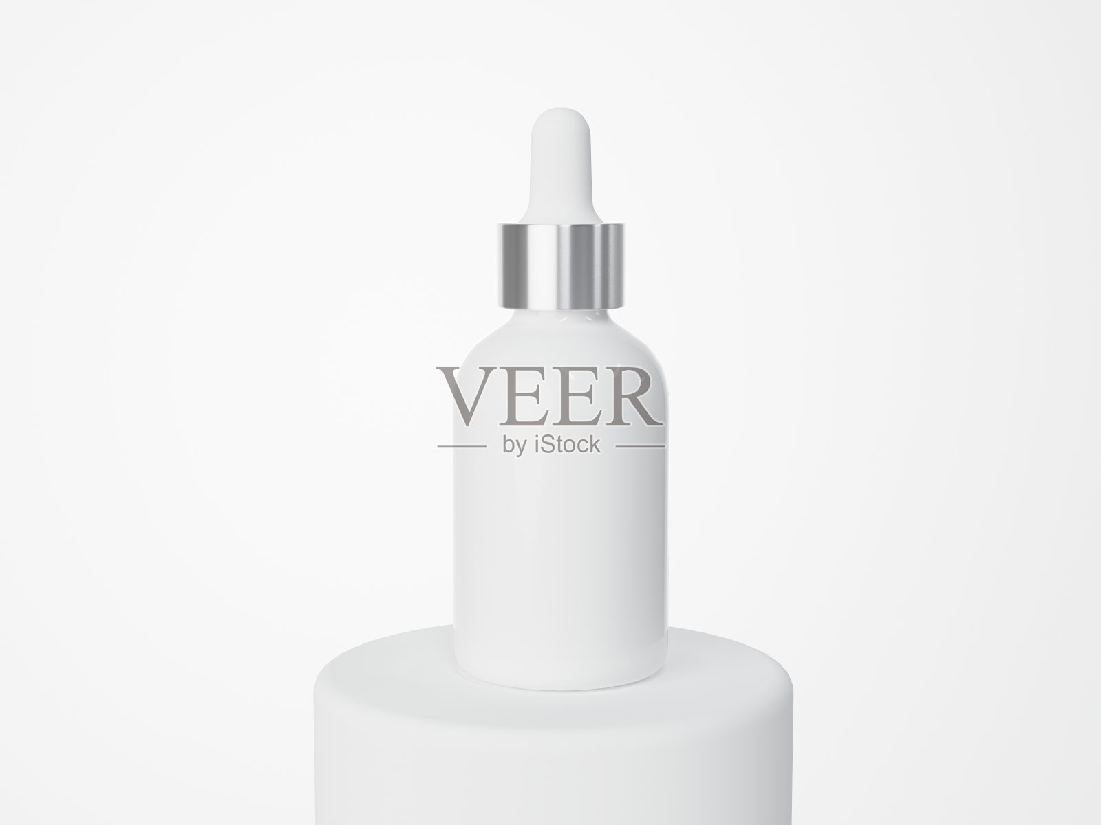白色玻璃化妆品血清滴管瓶在平台上3D渲染，护理产品包装照片摄影图片