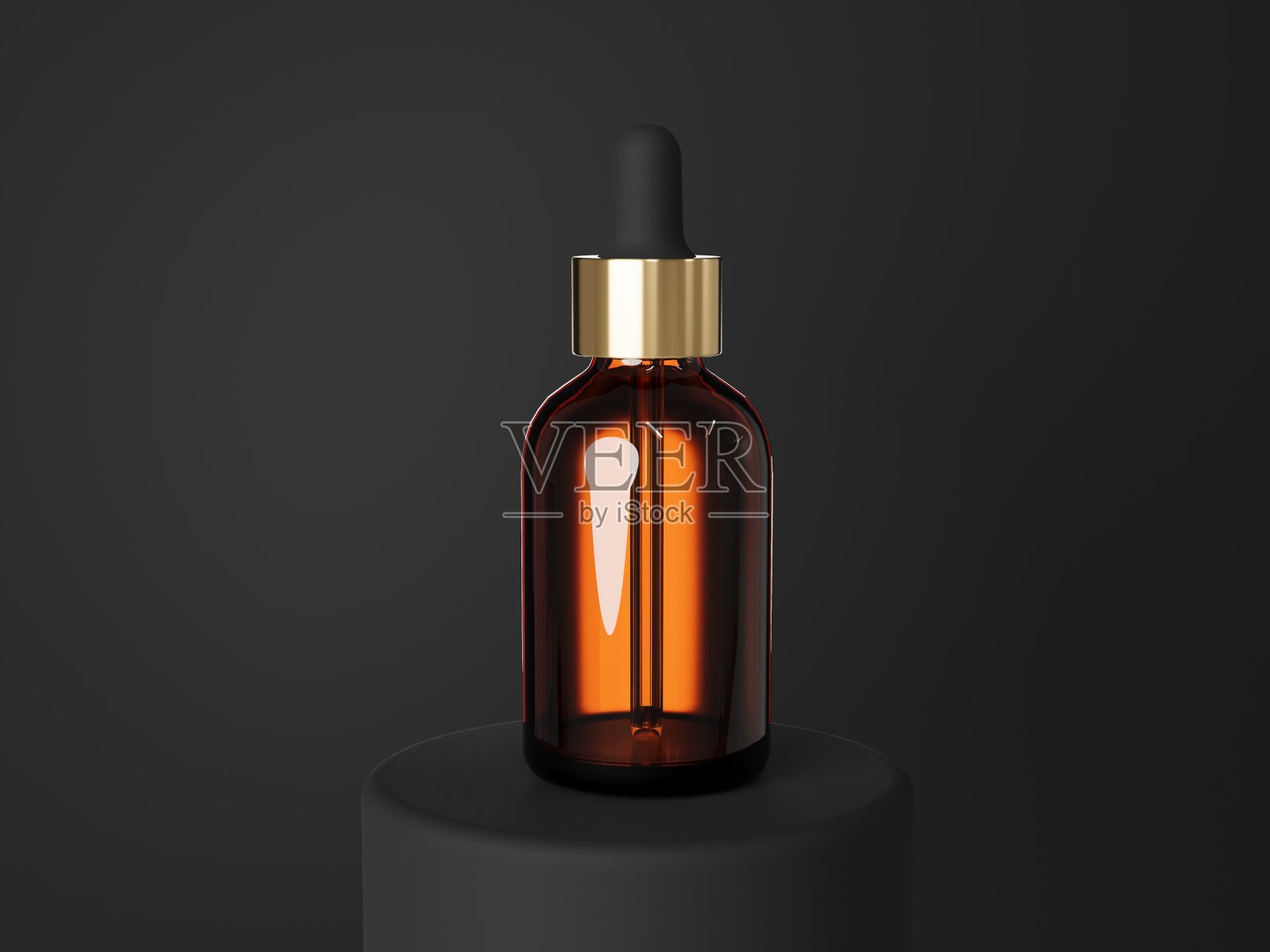 化妆品血清滴管棕色玻璃瓶3D渲染，护理产品包装照片摄影图片