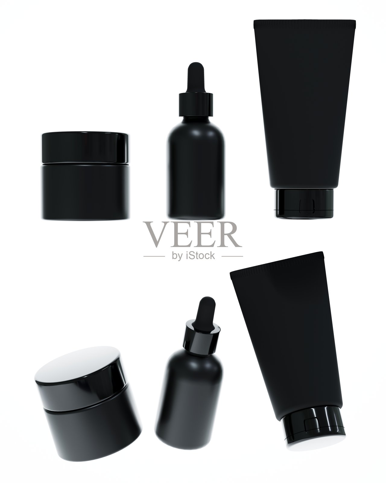 不同视角的黑色塑料奶油罐，血清滴管和化妆品管的盖子，3D渲染化妆品产品包装孤立在白色背景照片摄影图片