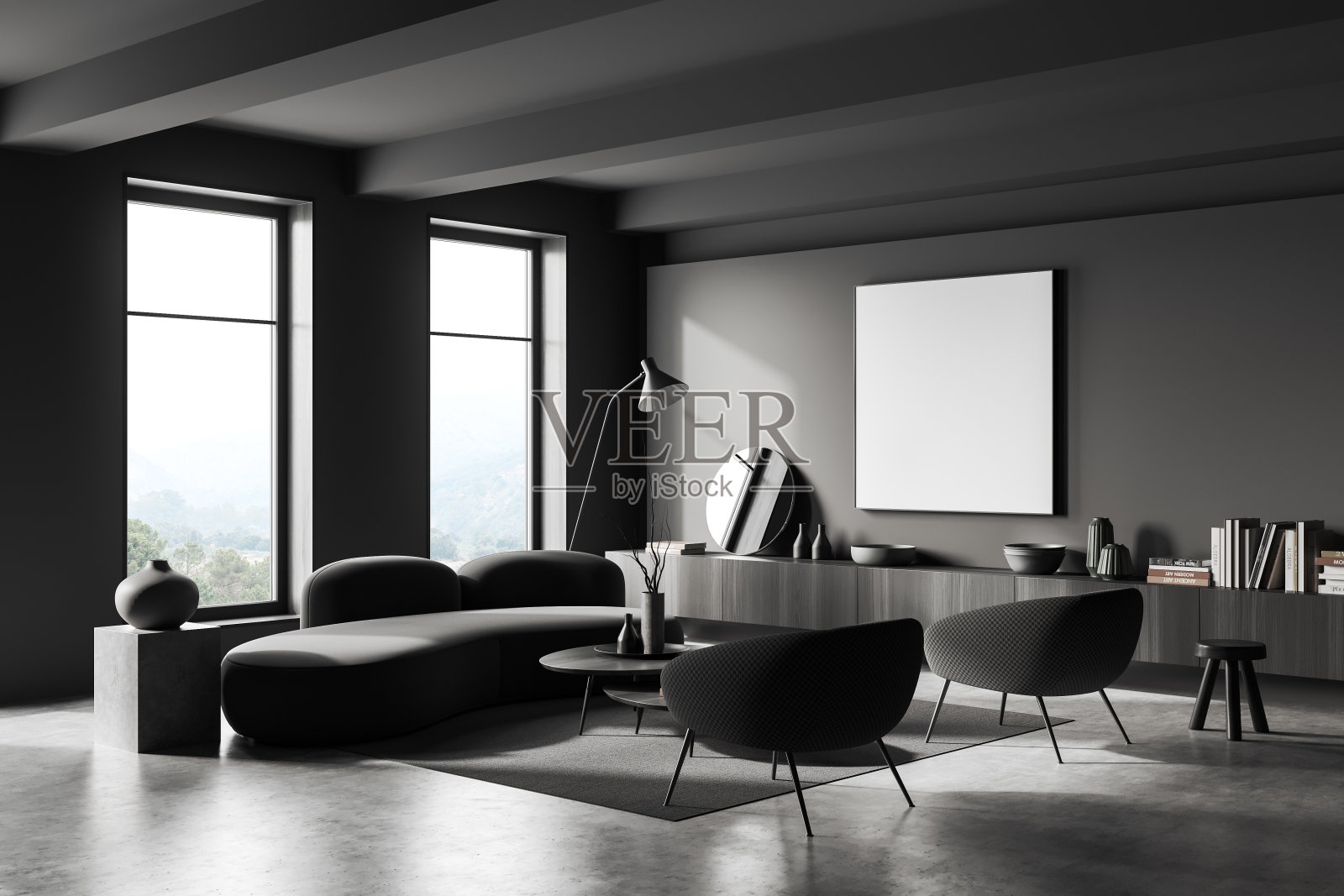 灰色的冷藏室内部有沙发和扶手椅，装饰和模型框架照片摄影图片