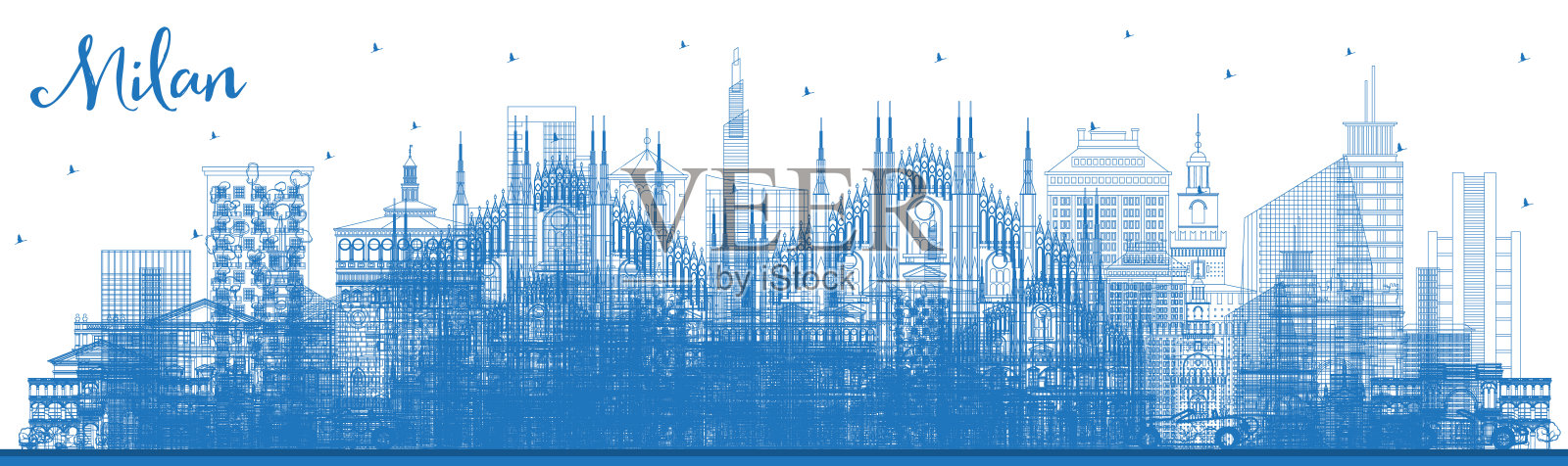 蓝色建筑勾勒米兰意大利城市天际线。矢量插图。插画图片素材
