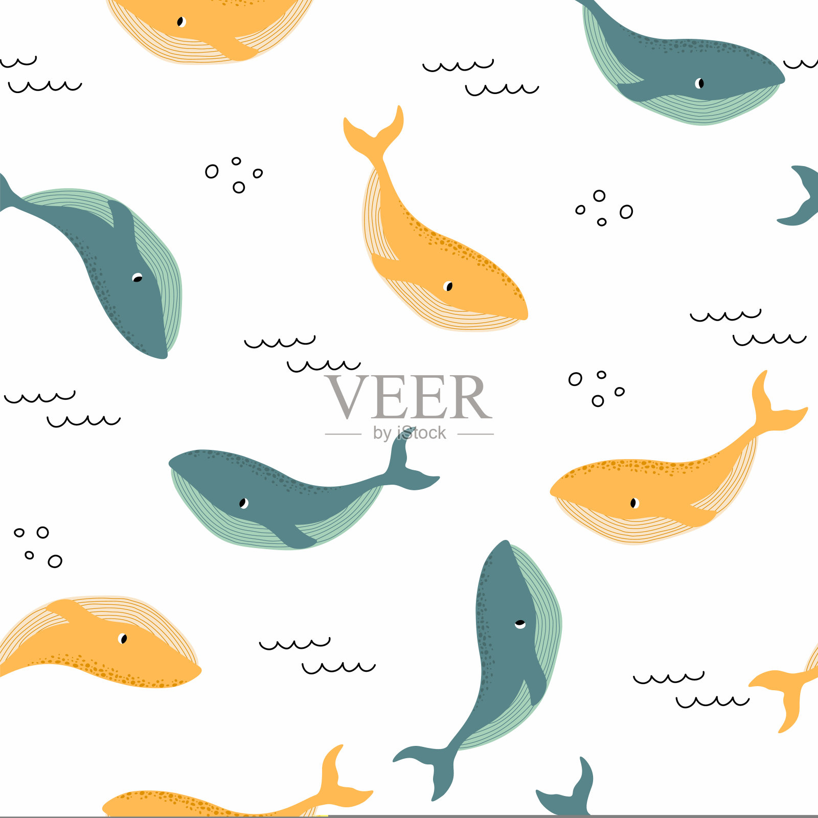 矢量无缝模式与鲸鱼。水下卡通动物。海洋背景。可爱的海洋图案的织物，儿童服装，纺织品，包装纸设计元素图片