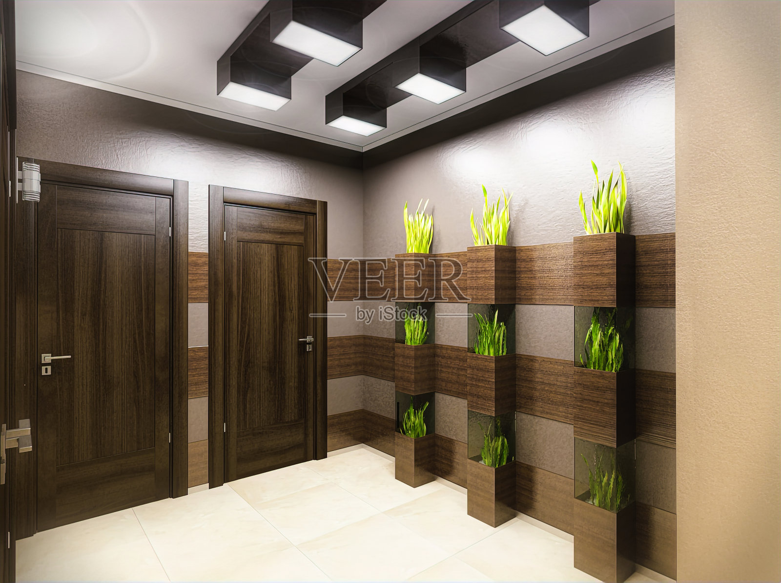 走廊木质风格的室内设计3d插画。未来风格的室内3D渲染插画图片素材