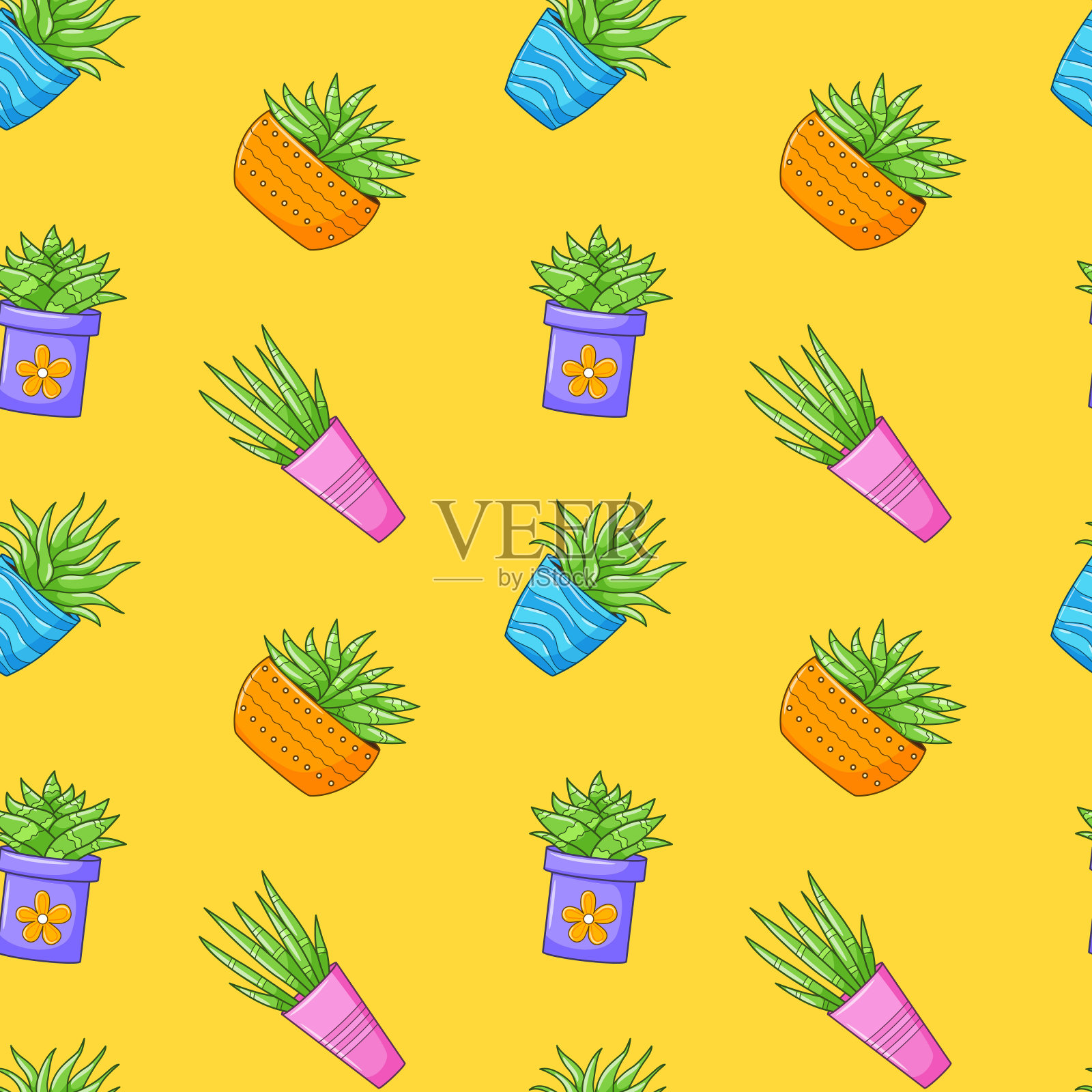 无缝图案与不同的仙人掌，多汁植物在明亮的花盆。卡通仙人掌。手绘背景与室内植物。黄色背景上的矢量插图插画图片素材