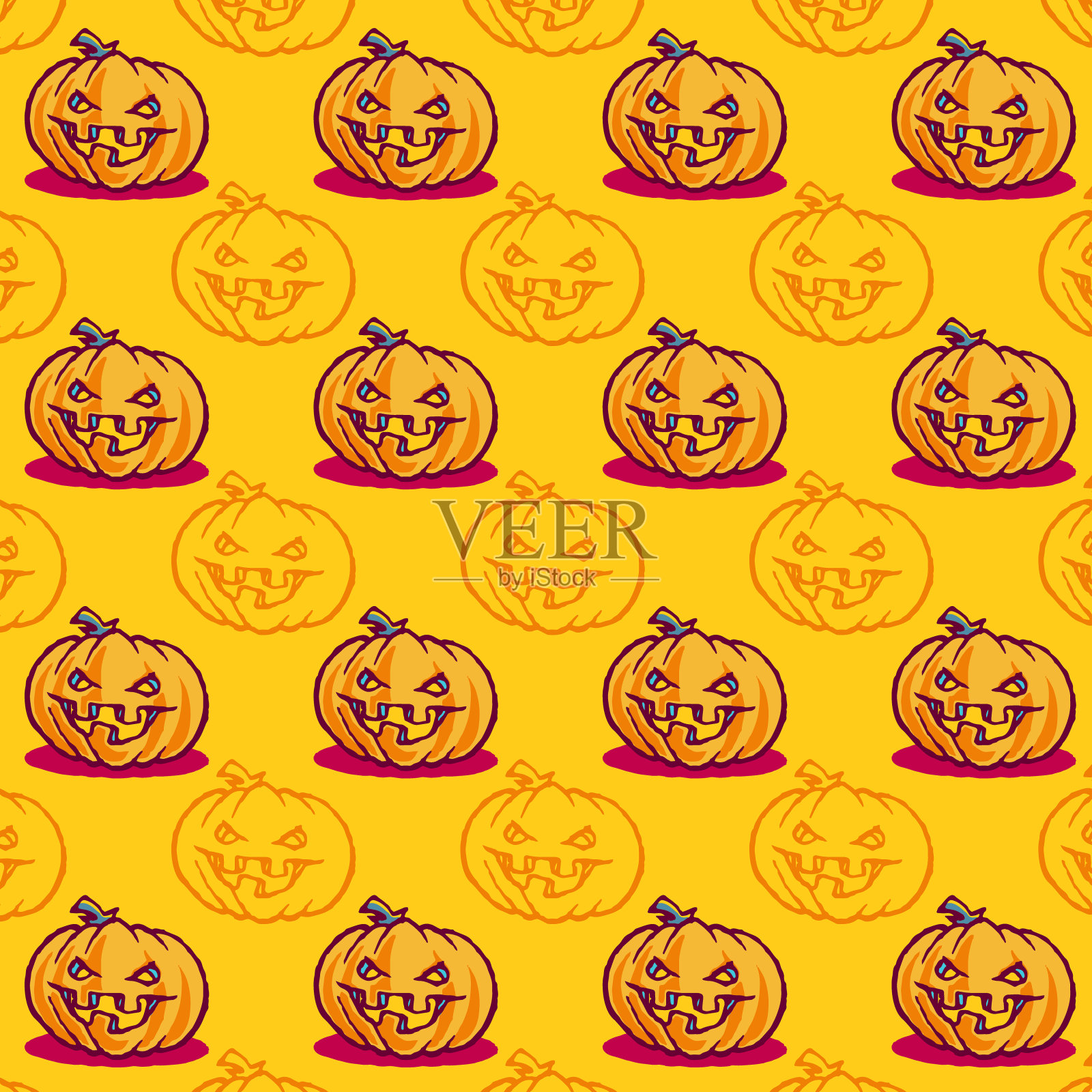 万圣节无缝模式与橙色背景上的扁平图标插画图片素材