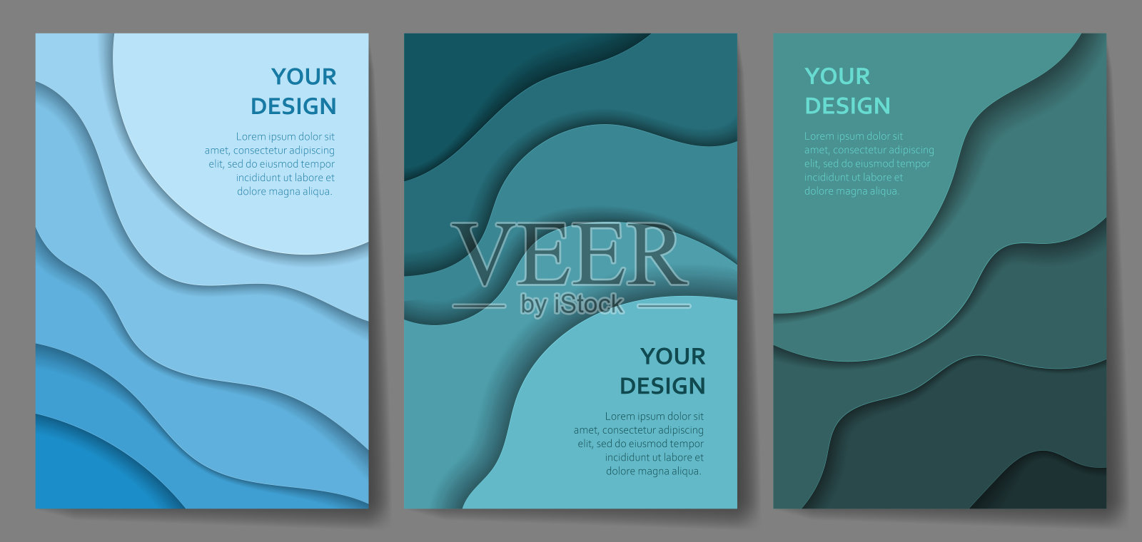 剪纸的封面。框架设计与抽象波浪新潮剪纸风格。蓝色和绿色矢量背景有用的小册子模板，餐厅菜单或邀请。设计模板素材