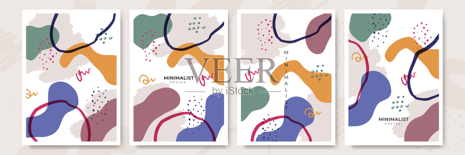 一套现代彩色矢量拼贴画与手绘的有机形状和纹理。时髦的当代设计完美的印刷品，传单，横幅，小册子，邀请，品牌设计，封面设计模板素材